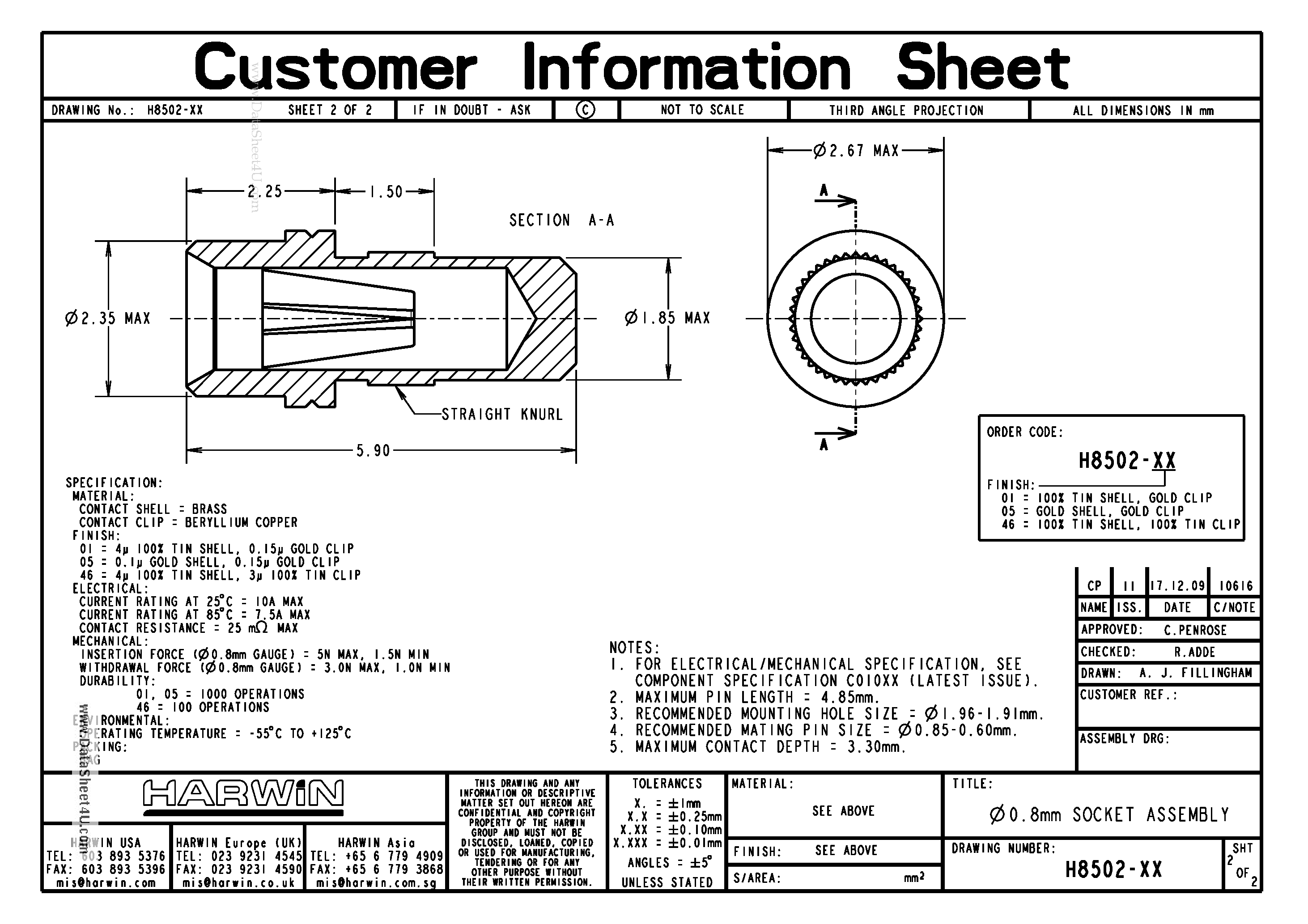 Datasheet H8502-XX - 0.8mm SOCKET ASSEMBLY page 1