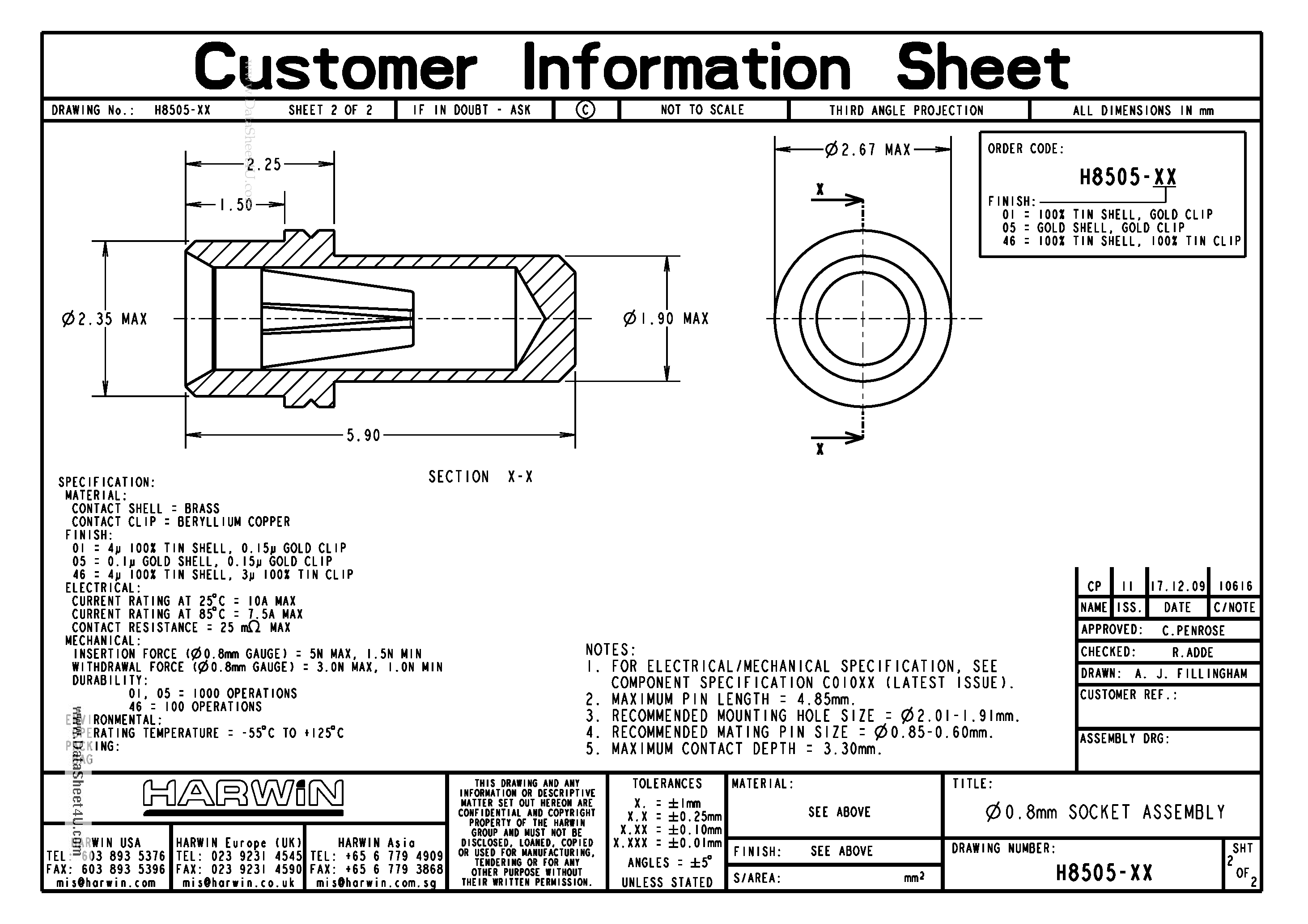 Datasheet H8505-XX - 0.8mm SOCKET ASSEMBLY page 1