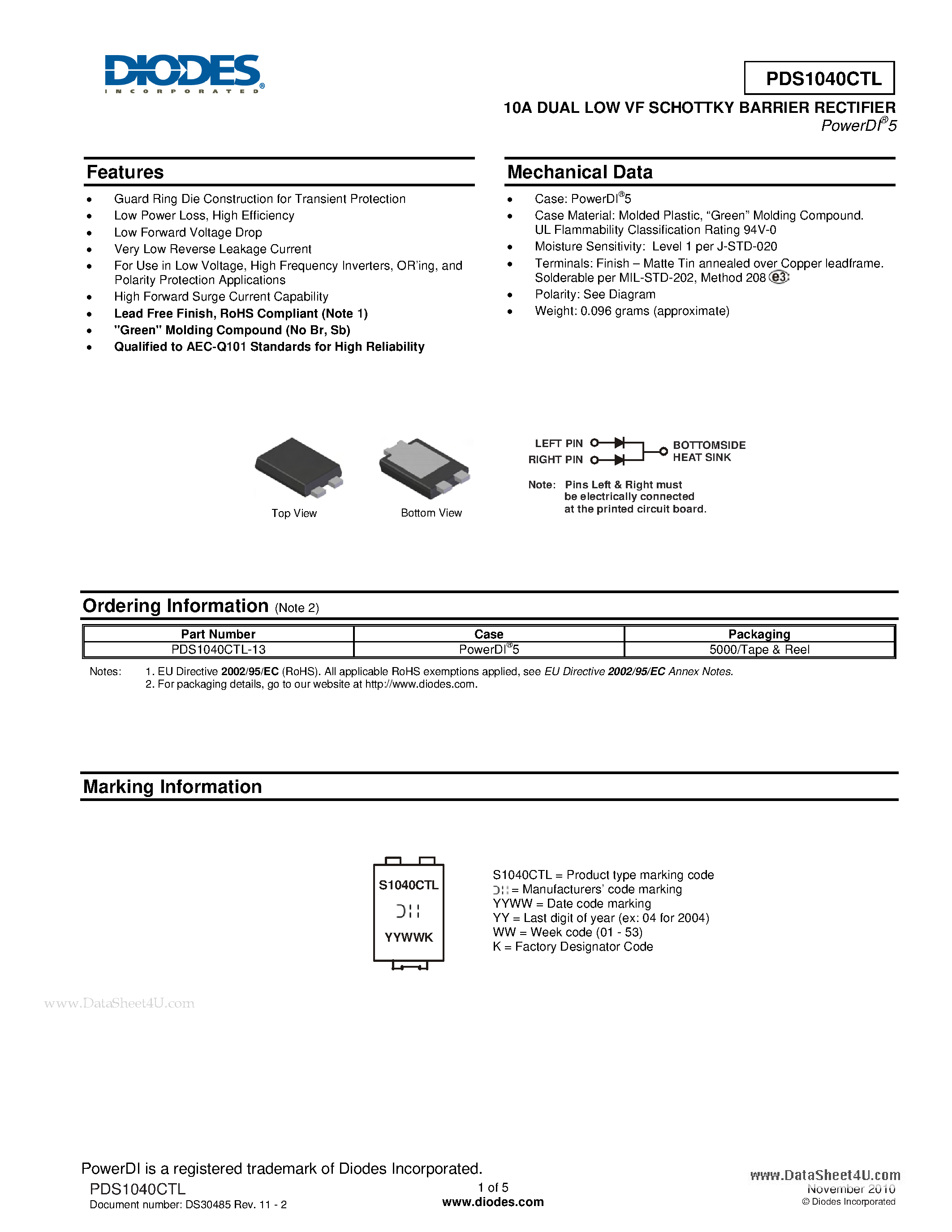 Даташит PDS1040CTL - 10A DUAL LOW VF SCHOTTKY BARRIER RECTIFIER страница 1