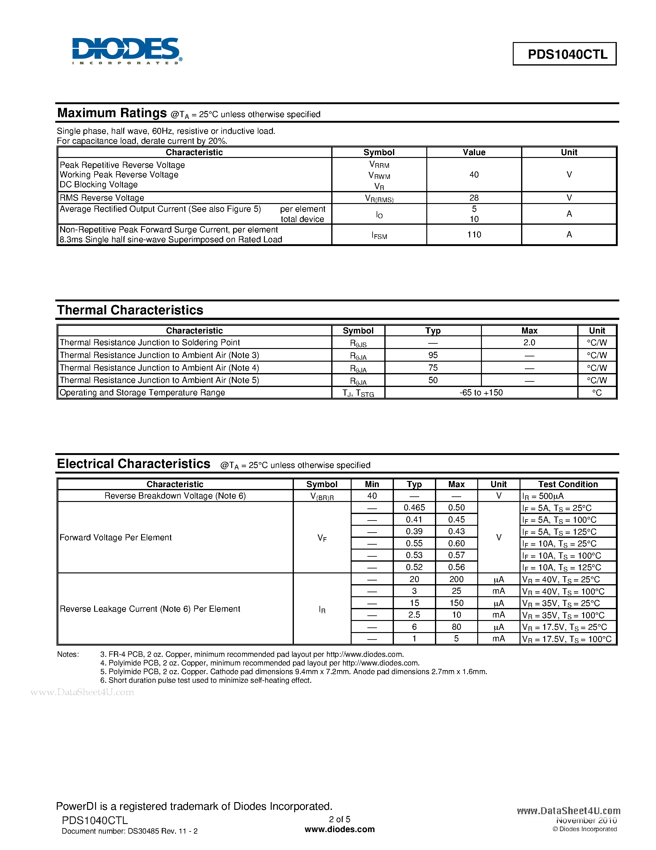 Даташит PDS1040CTL - 10A DUAL LOW VF SCHOTTKY BARRIER RECTIFIER страница 2