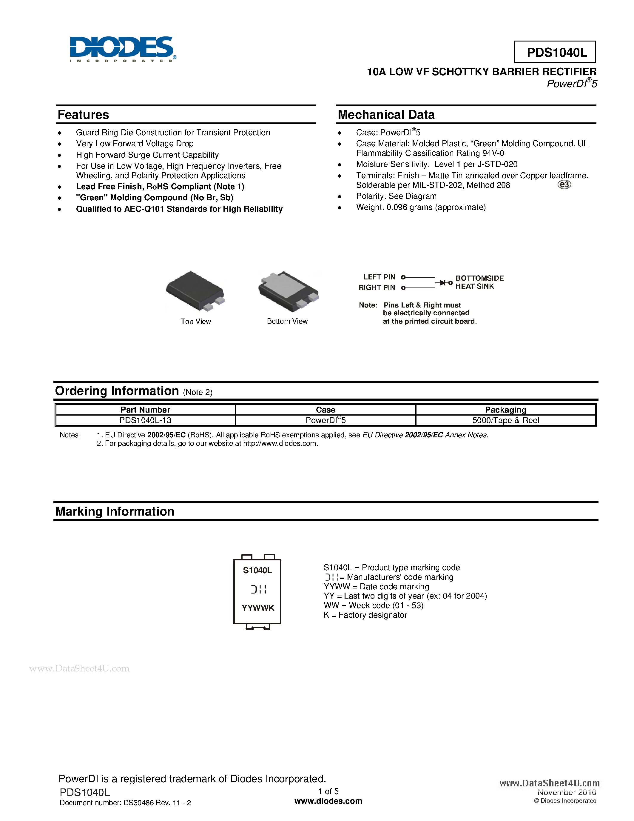 Даташит PDS1040L - 10A LOW VF SCHOTTKY BARRIER RECTIFIER страница 1