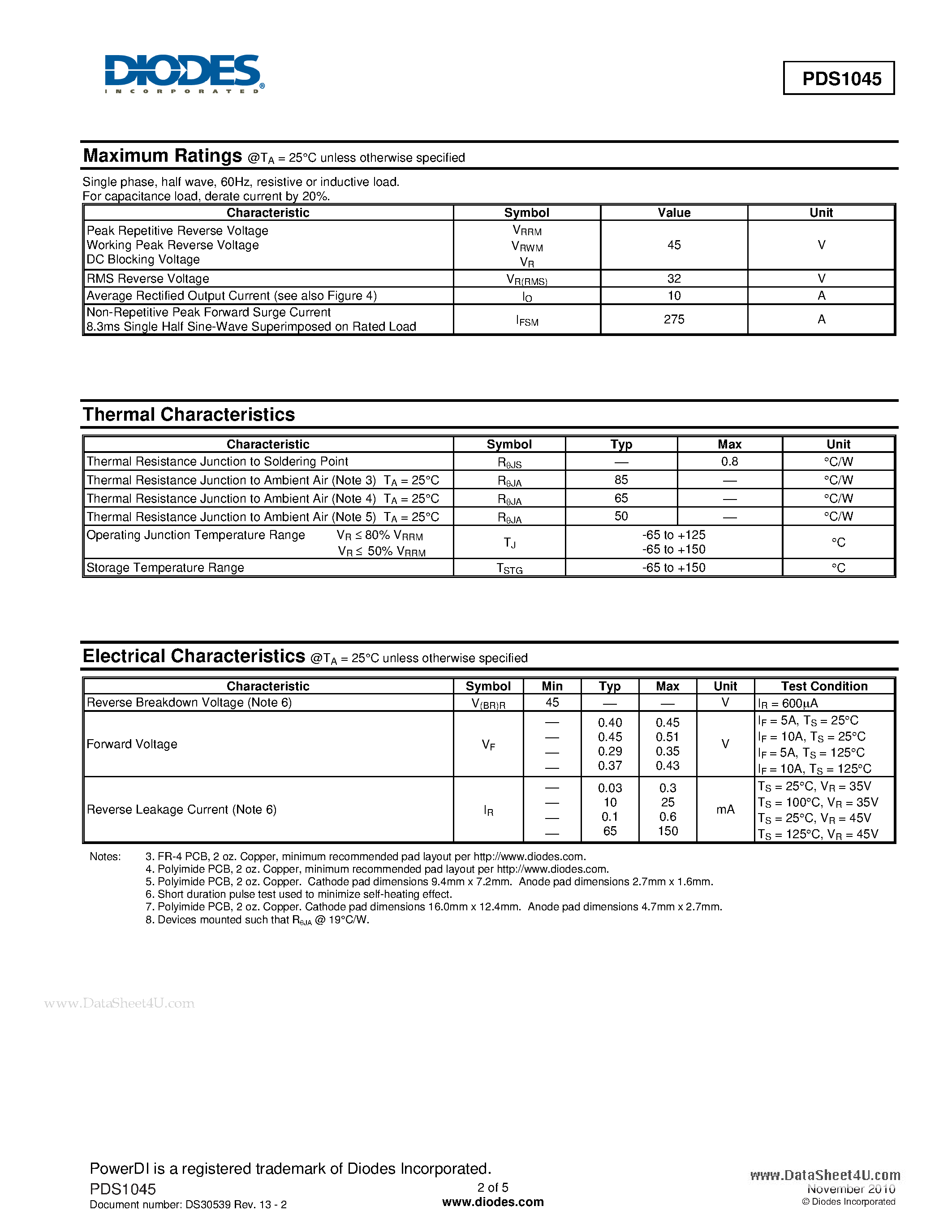 Даташит PDS1045 - 10A SCHOTTKY BARRIER RECTIFIER страница 2