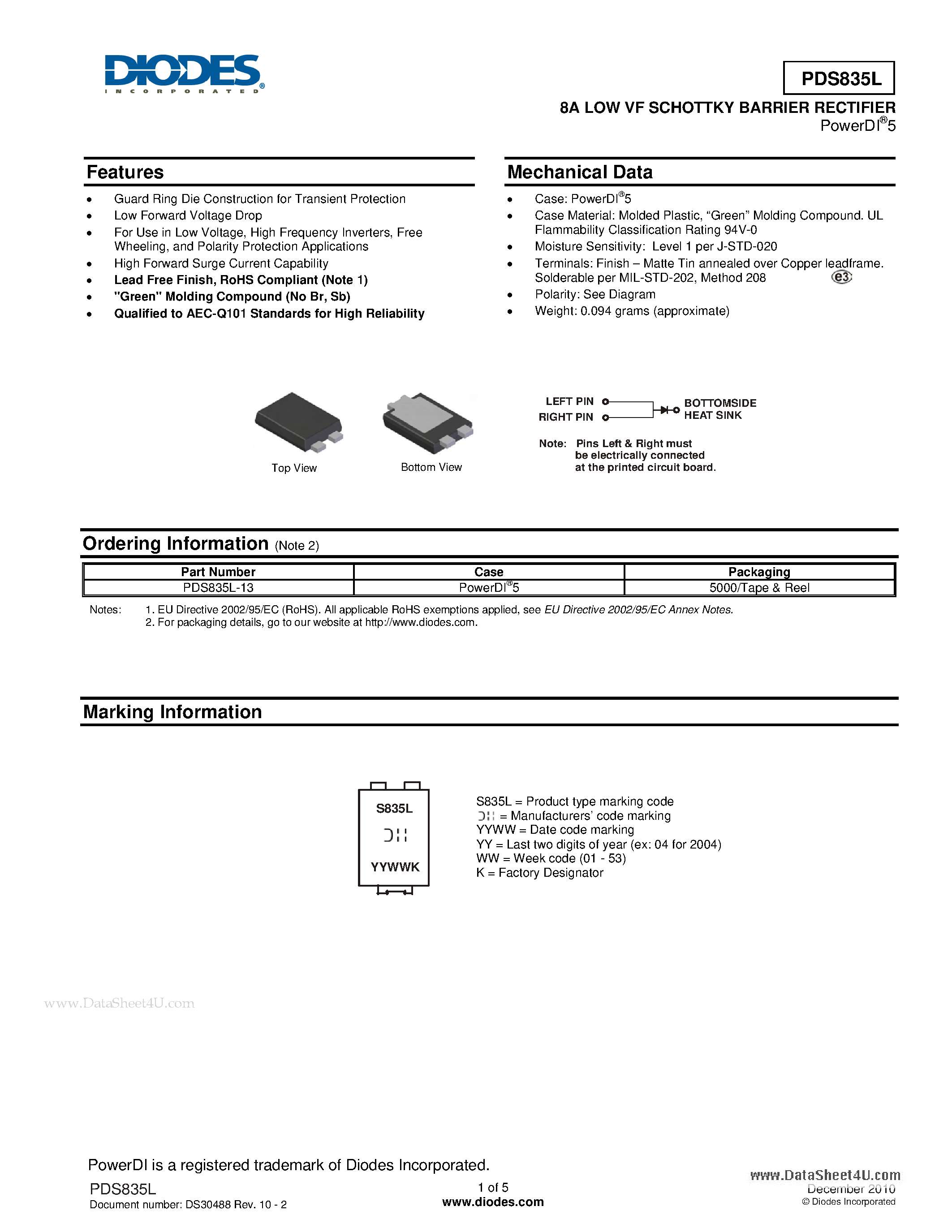 Даташит PDS835L - 8A LOW VF SCHOTTKY BARRIER RECTIFIER страница 1