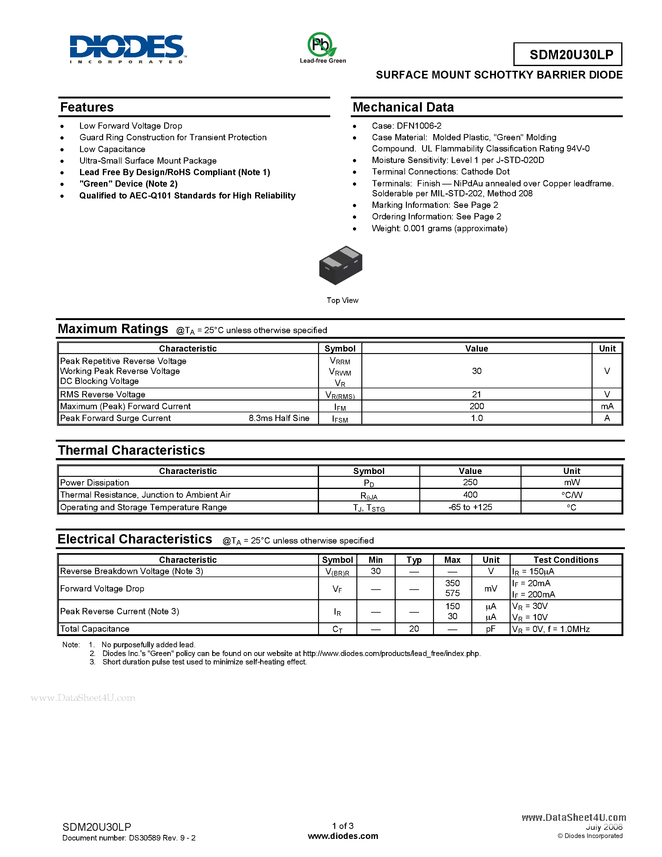Datasheet SDM20U30LP - SURFACE MOUNT SCHOTTKY BARRIER DIODE page 1