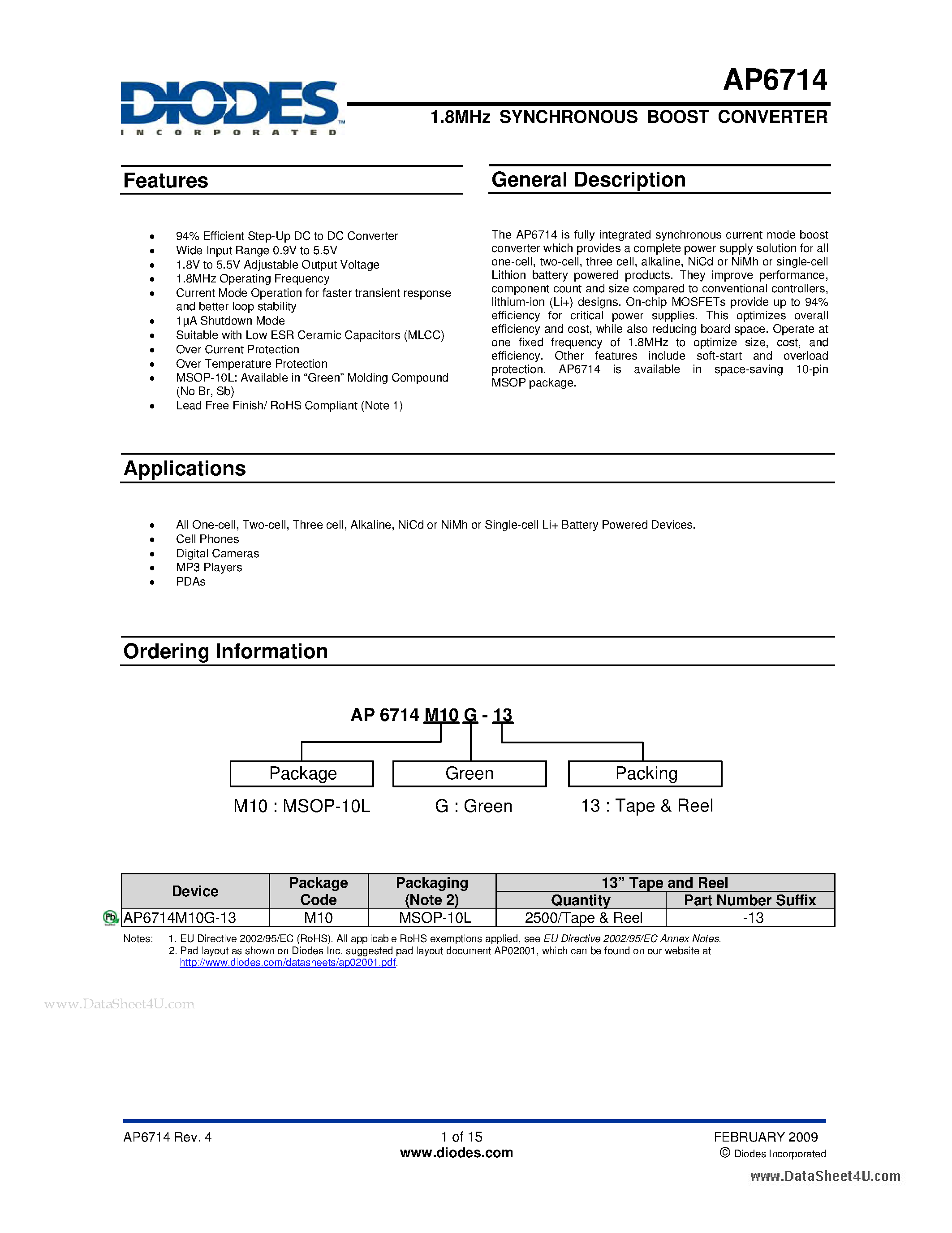 Даташит на микросхему AP6714 страница 1 Даташит AP6714 - 1.8MHz SYNCHRONOUS BOOST CONVERTER страница 1