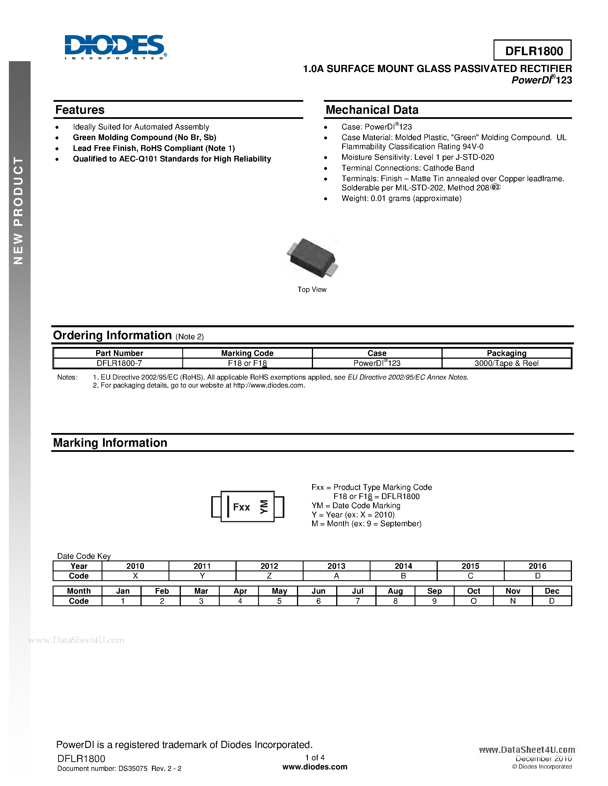 Datasheet DFLR1800 - 1.0A SURFACE MOUNT GLASS PASSIVATED RECTIFIER page 1