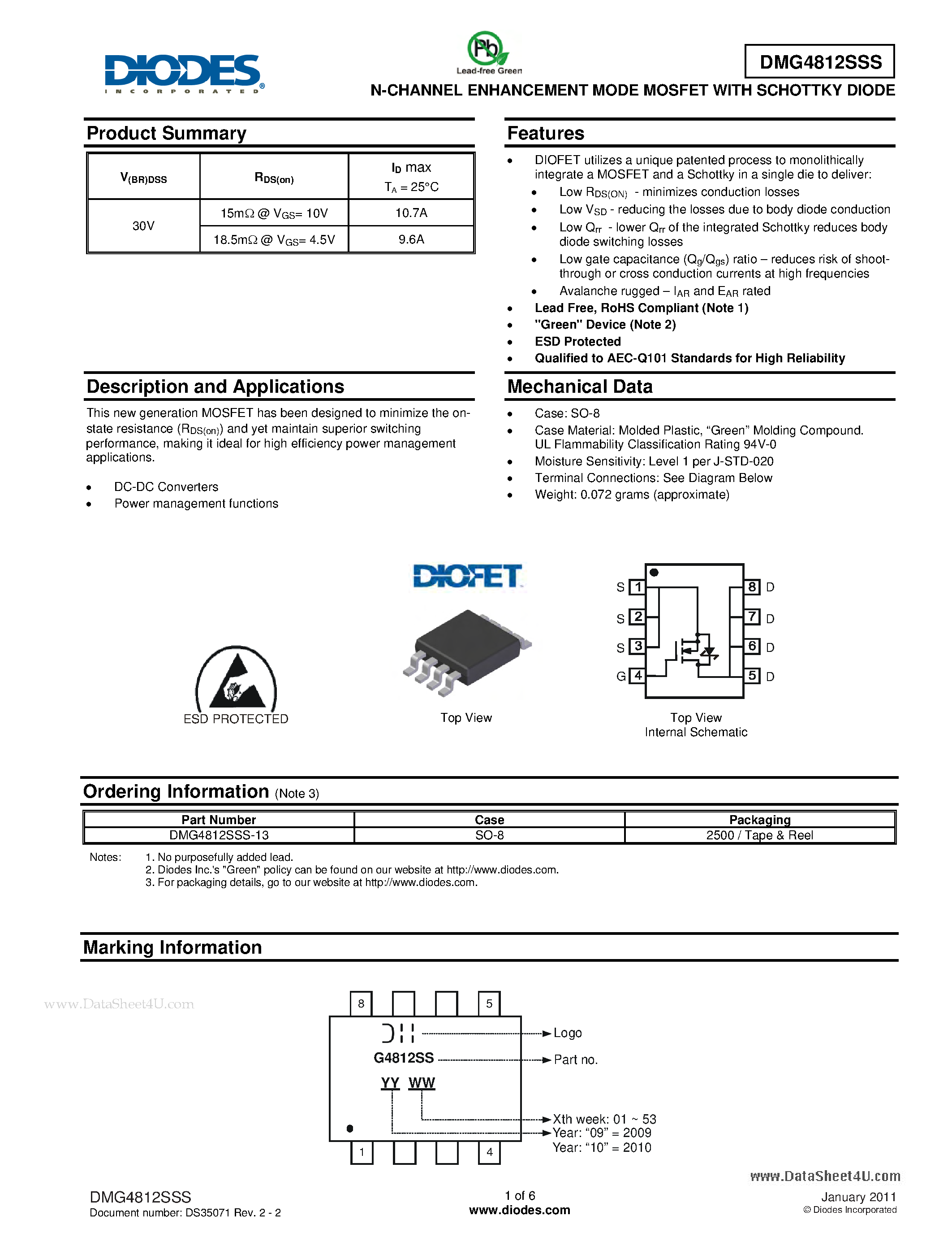 Datasheet DMG4812SSS - N-CHANNEL ENHANCEMENT MODE MOSFET page 1