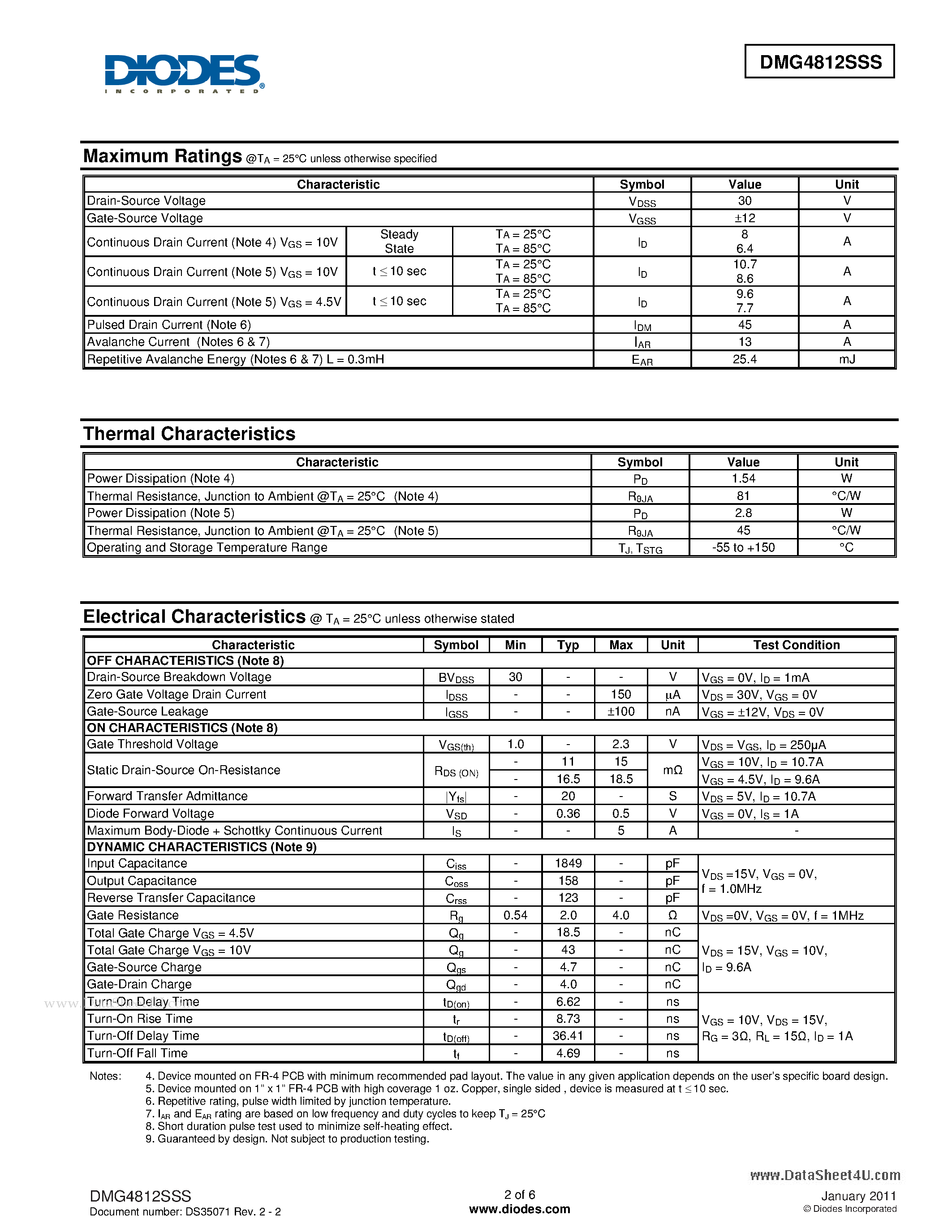 Datasheet DMG4812SSS - N-CHANNEL ENHANCEMENT MODE MOSFET page 2