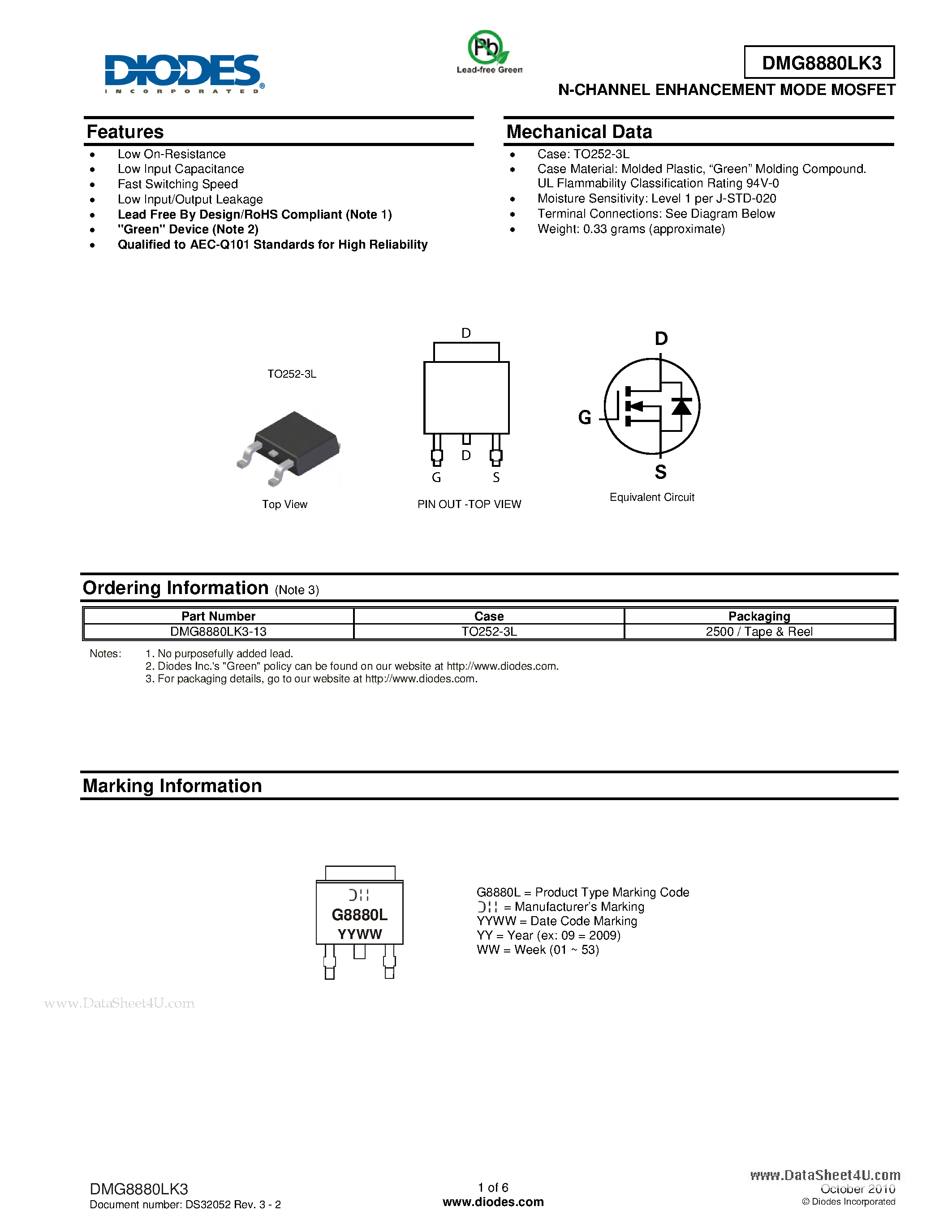 Datasheet DMG8880LK3 - N-CHANNEL ENHANCEMENT MODE MOSFET page 1