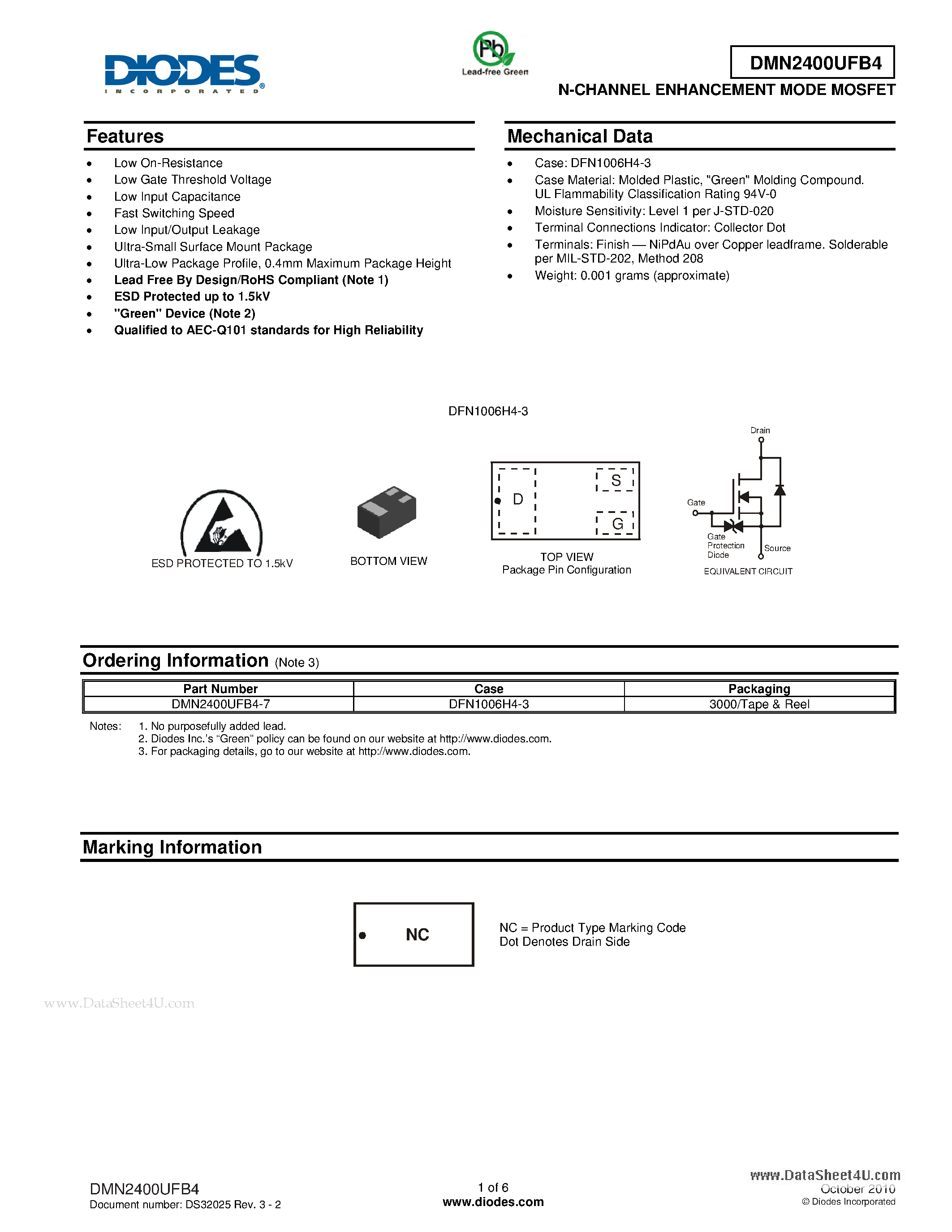 Datasheet DMN2400UFB4 - N-CHANNEL ENHANCEMENT MODE MOSFET page 1