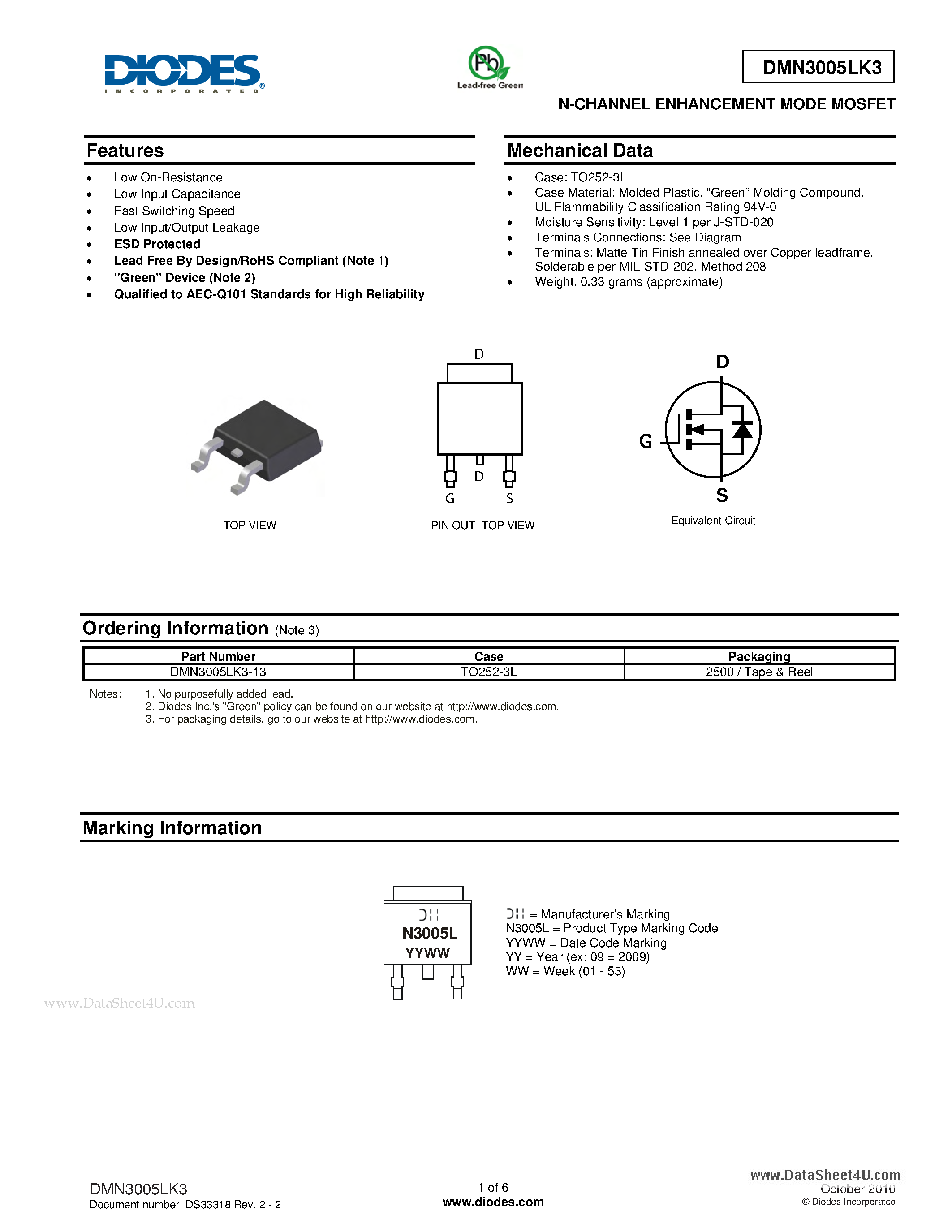 Datasheet DMN3005LK3 - N-CHANNEL ENHANCEMENT MODE MOSFET page 1
