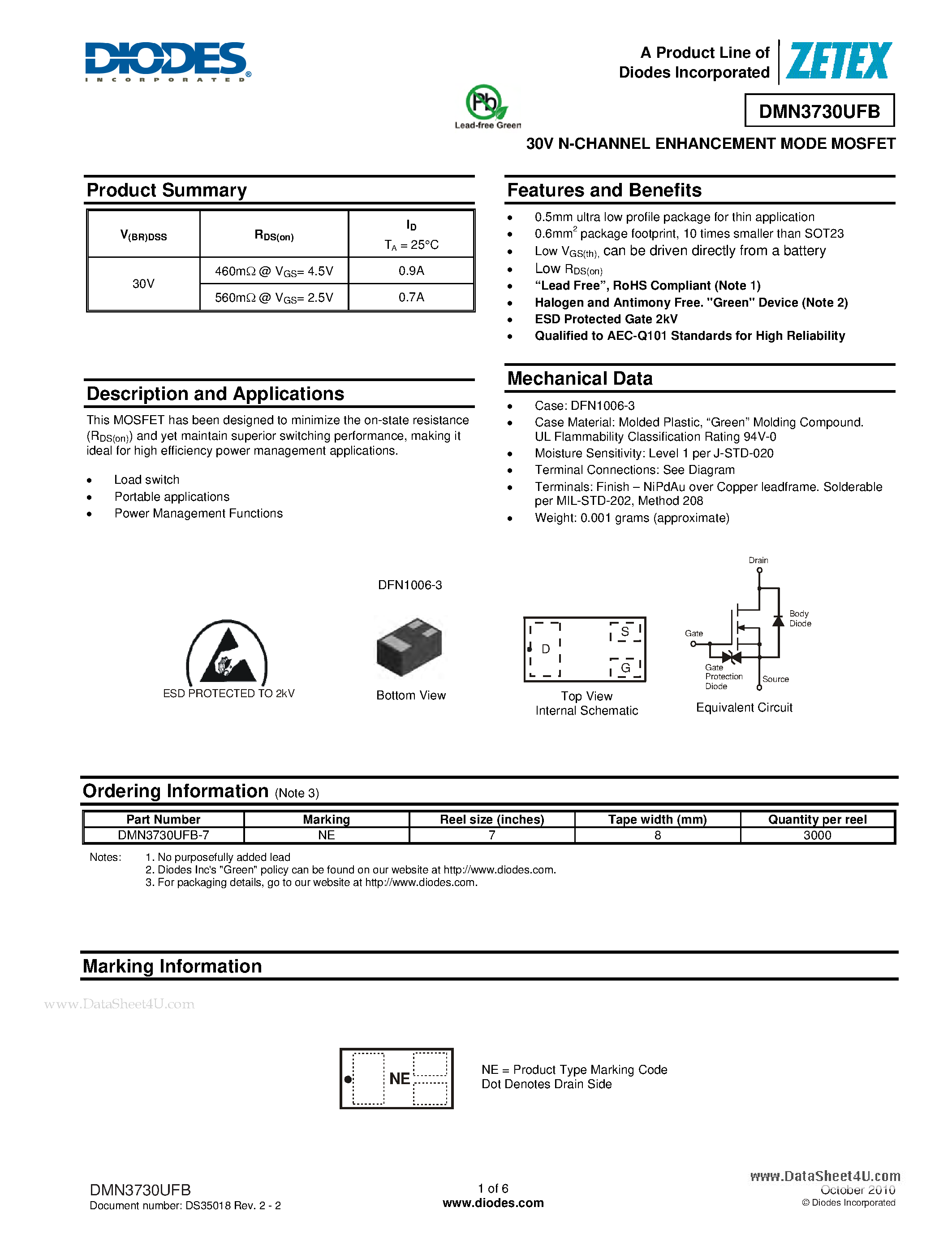 Datasheet DMN3730UFB page 1 Datasheet DMN3730UFB - 30V N-CHANNEL ENHANCEMENT MODE MOSFET page 1