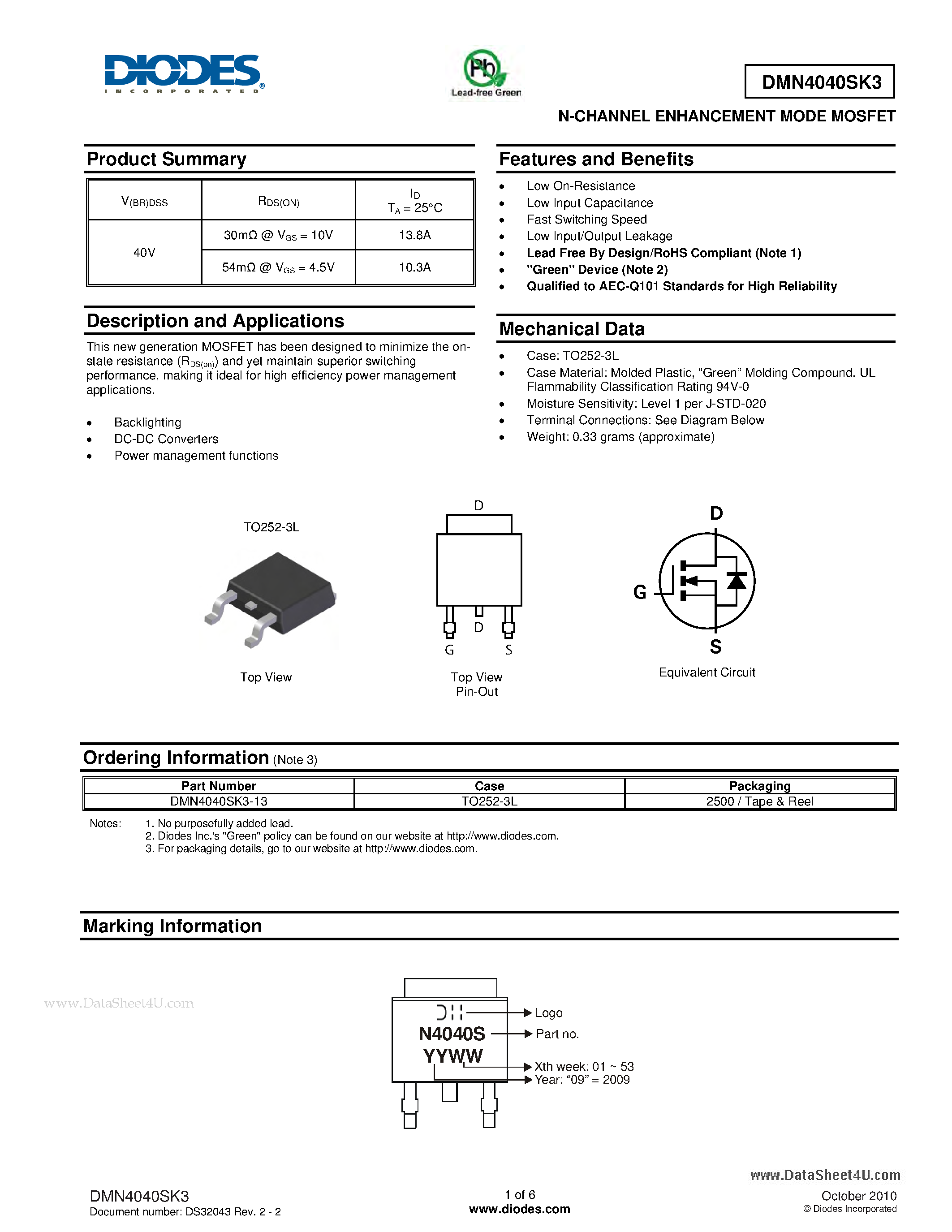 Datasheet DMN4040SK3 page 1 Datasheet DMN4040SK3 - N-CHANNEL ENHANCEMENT MODE MOSFET page 1