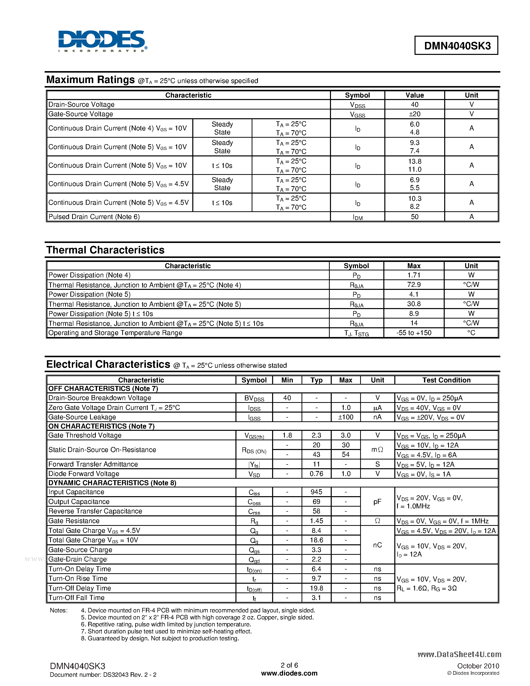 Datasheet DMN4040SK3 page 2 Datasheet DMN4040SK3 - N-CHANNEL ENHANCEMENT MODE MOSFET page 2