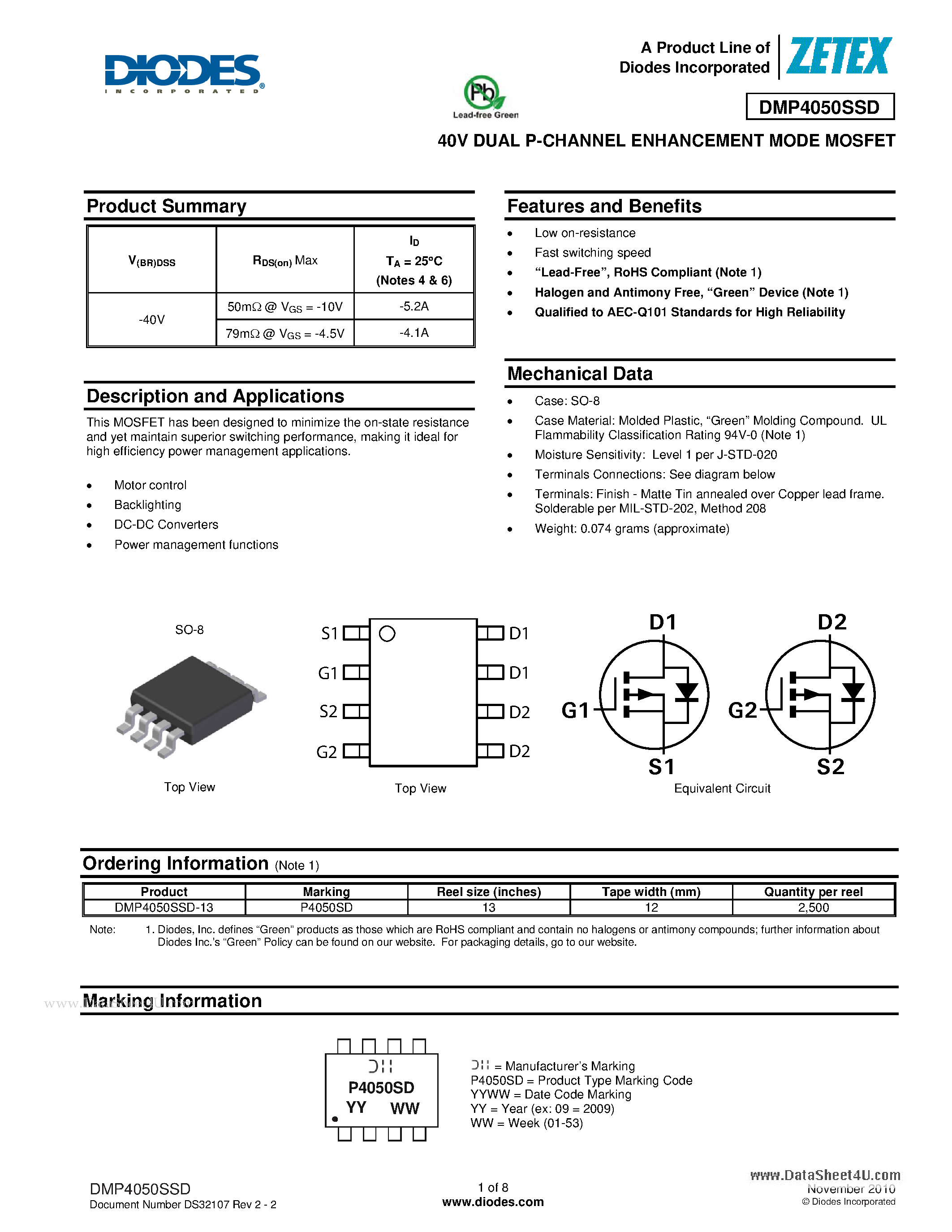 Даташит DMP4050SSD - 40V DUAL P-CHANNEL ENHANCEMENT MODE MOSFET страница 1
