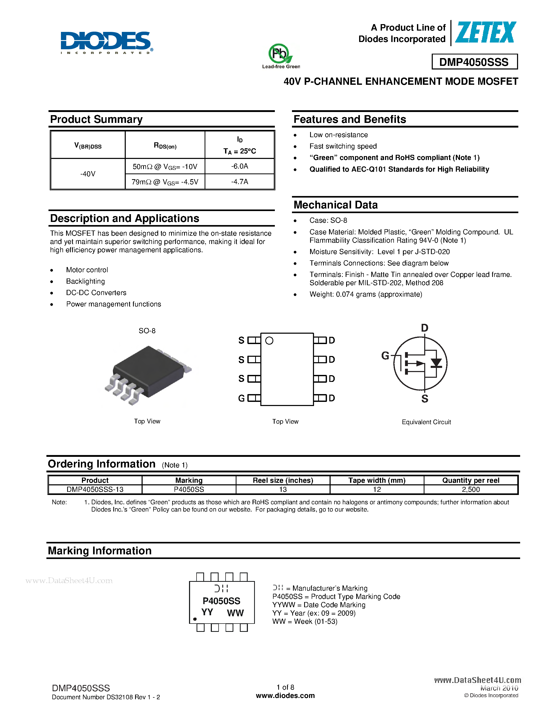 Даташит DMP4050SSS - 40V P-CHANNEL ENHANCEMENT MODE MOSFET страница 1