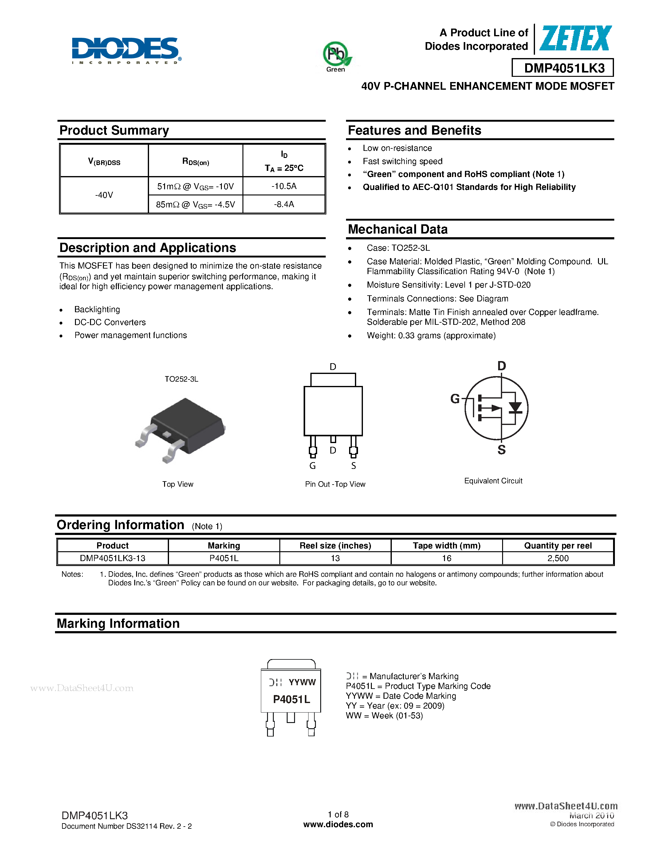Даташит DMP4051LK3 - 40V P-CHANNEL ENHANCEMENT MODE MOSFET страница 1