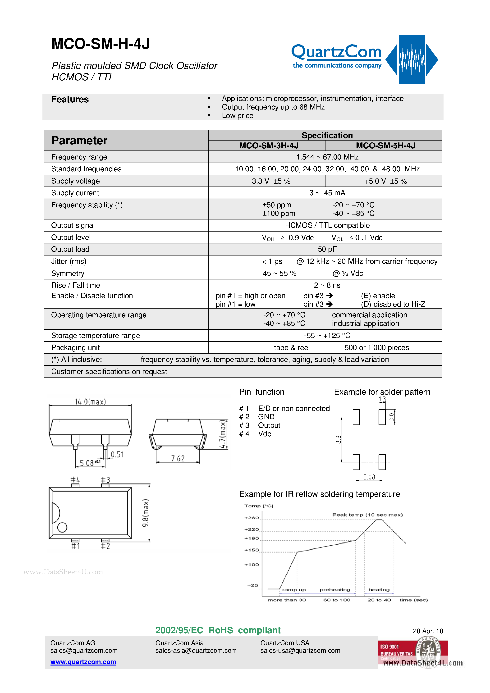 Даташит на микросхему MCO-SM-H-4J страница 1 Даташит MCO-SM-H-4J - Plastic moulded SMD Clock Oscillator HCMOS / TTL страница 1