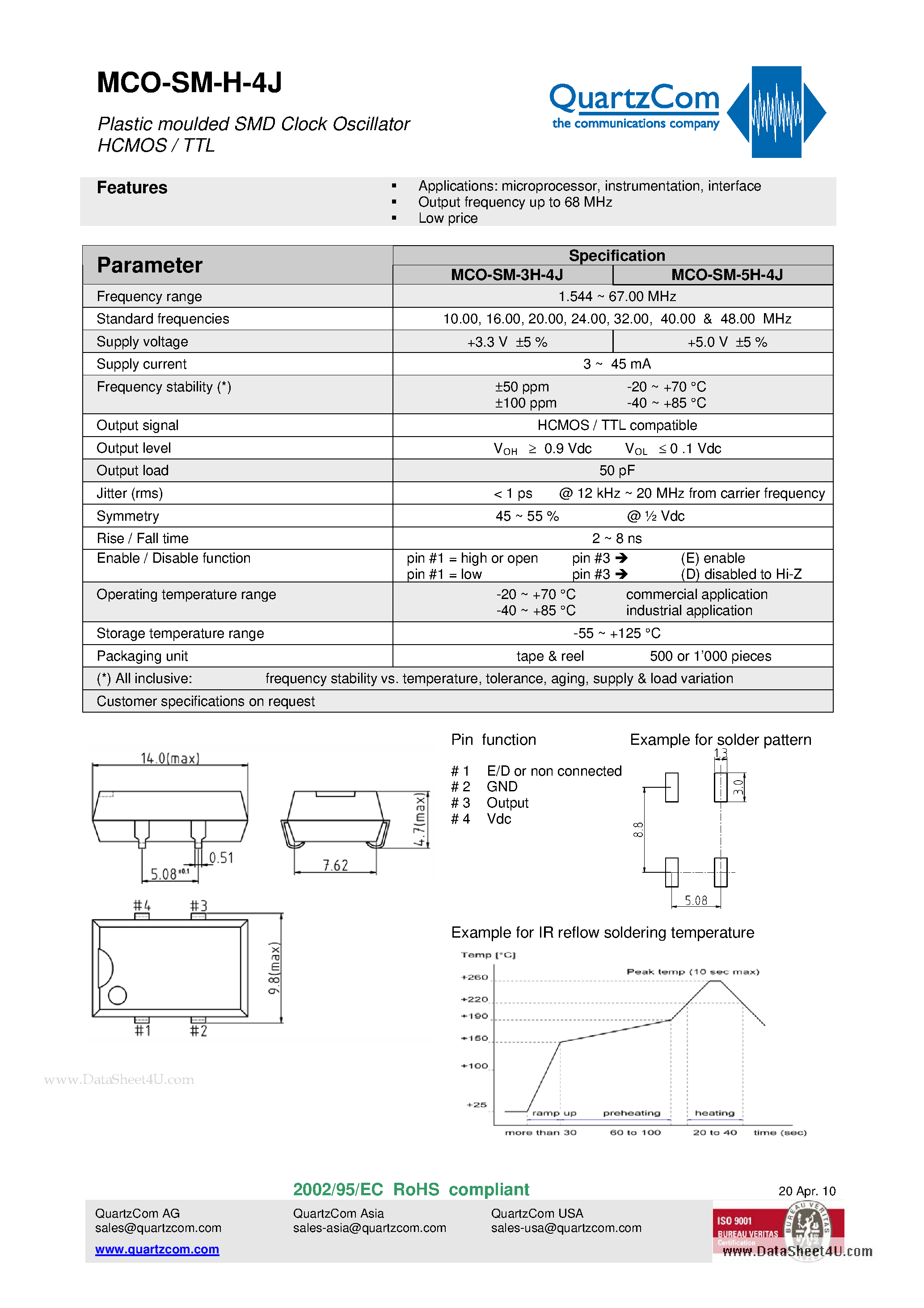 Datasheet MCO-SM-H-4J - Plastic moulded SMD Clock Oscillator HCMOS / TTL page 1