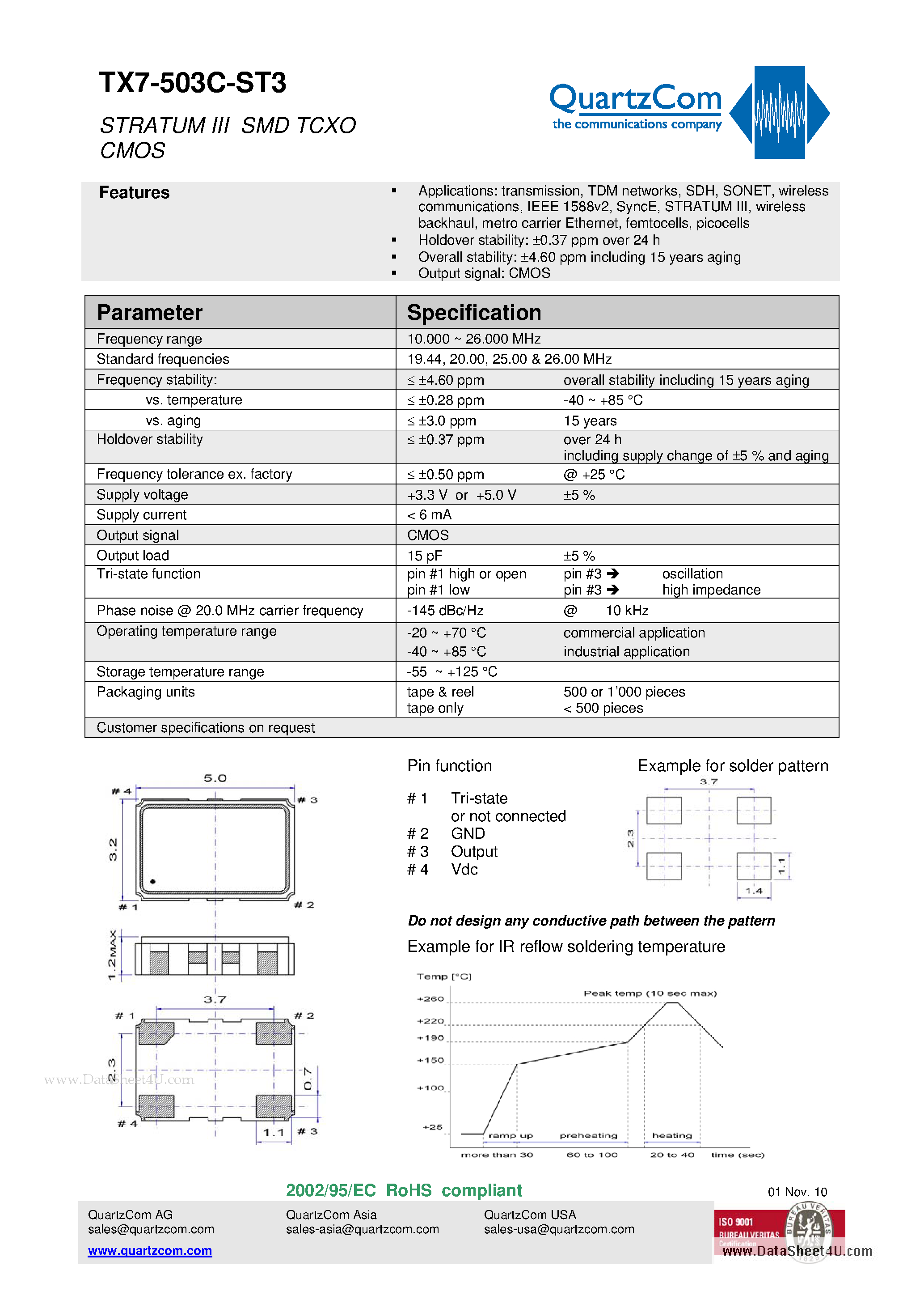 Datasheet TX7-503C-ST3 page 1 Datasheet TX7-503C-ST3 - STRATUM III SMD TCXO CMOS page 1