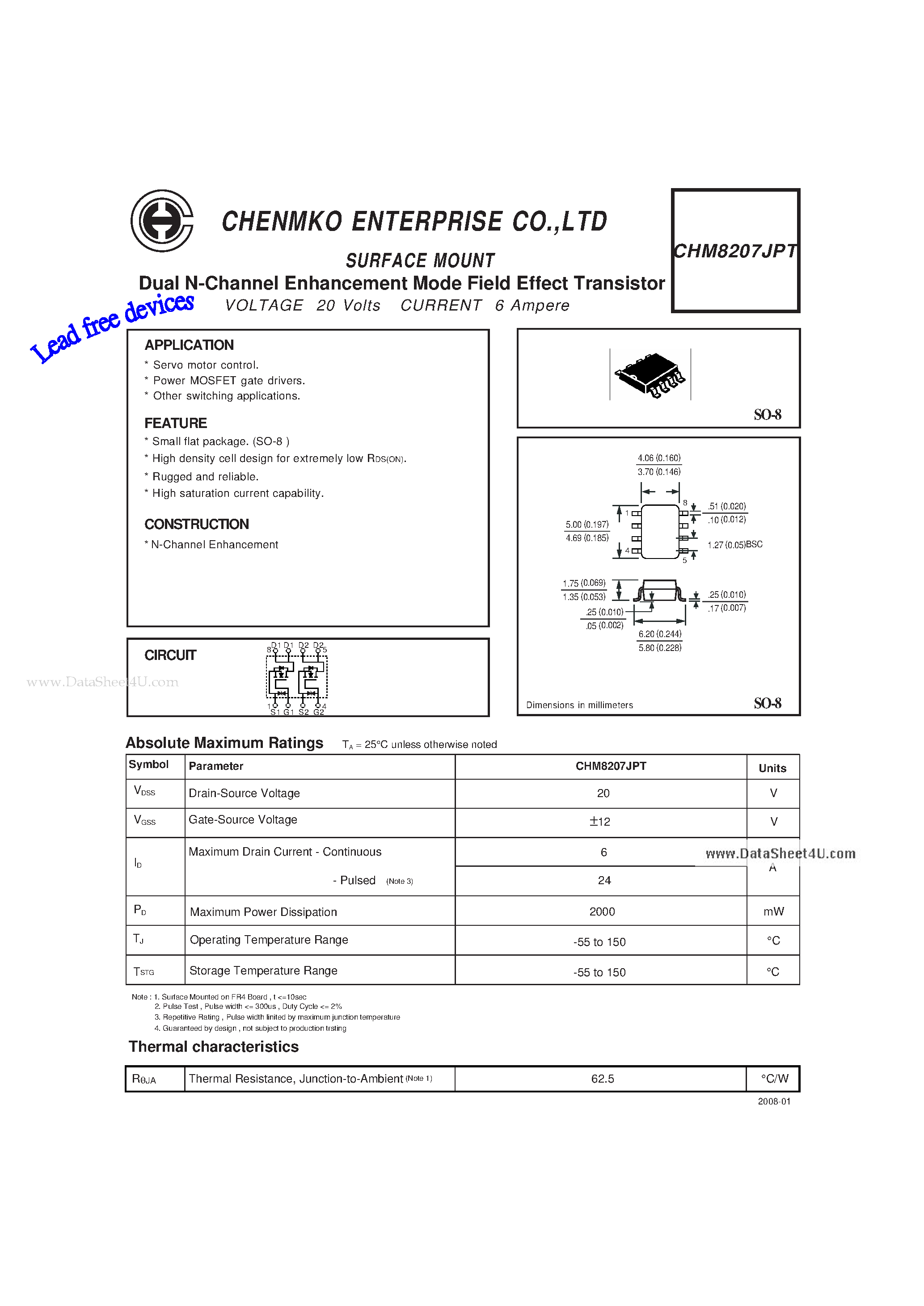 Datasheet CHM8207JPT - Dual N-Channel Enhancement Mode Field Effect Transistor page 1