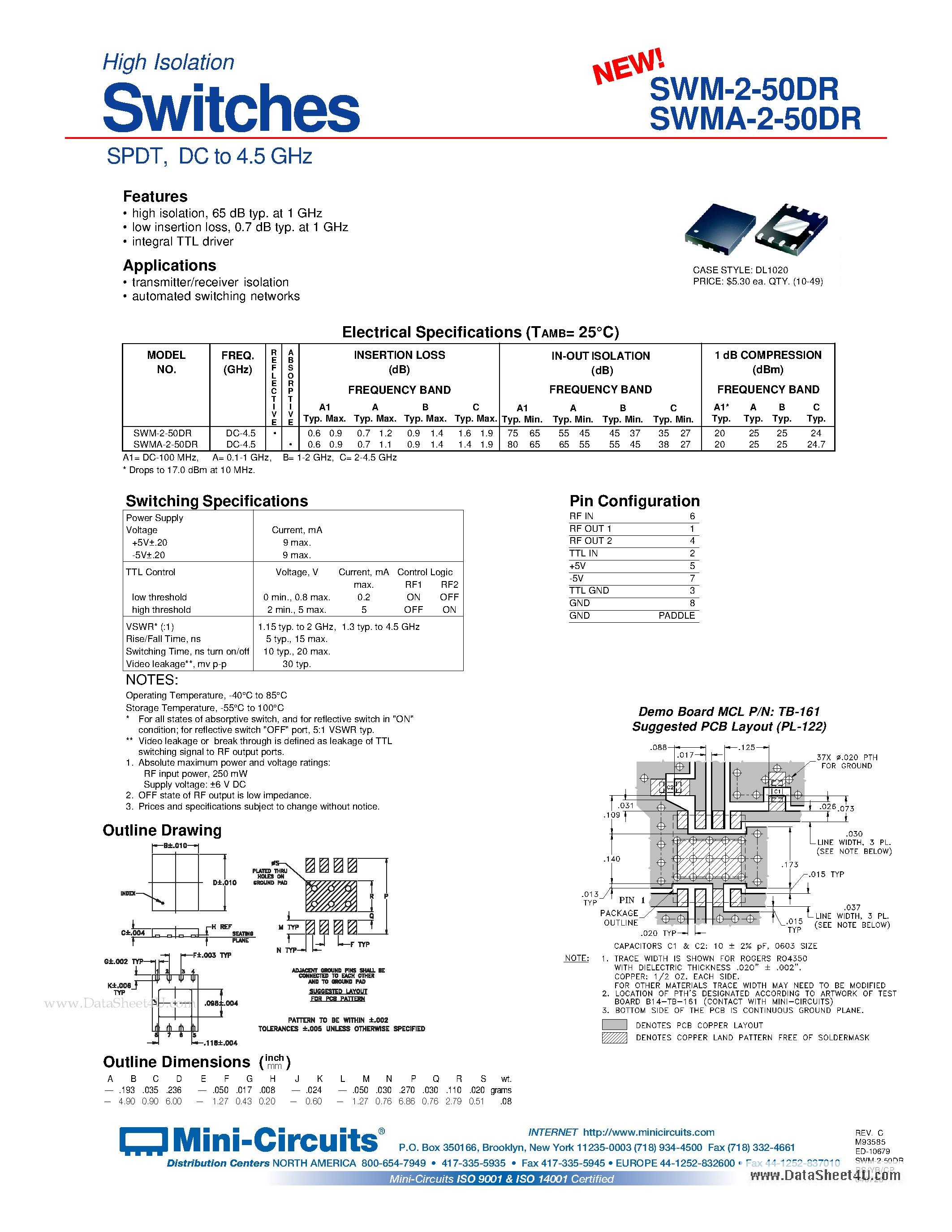 Datasheet SWM-2-50DR - High Isolation Switches SPDT DC to 4.5 GHz page 1