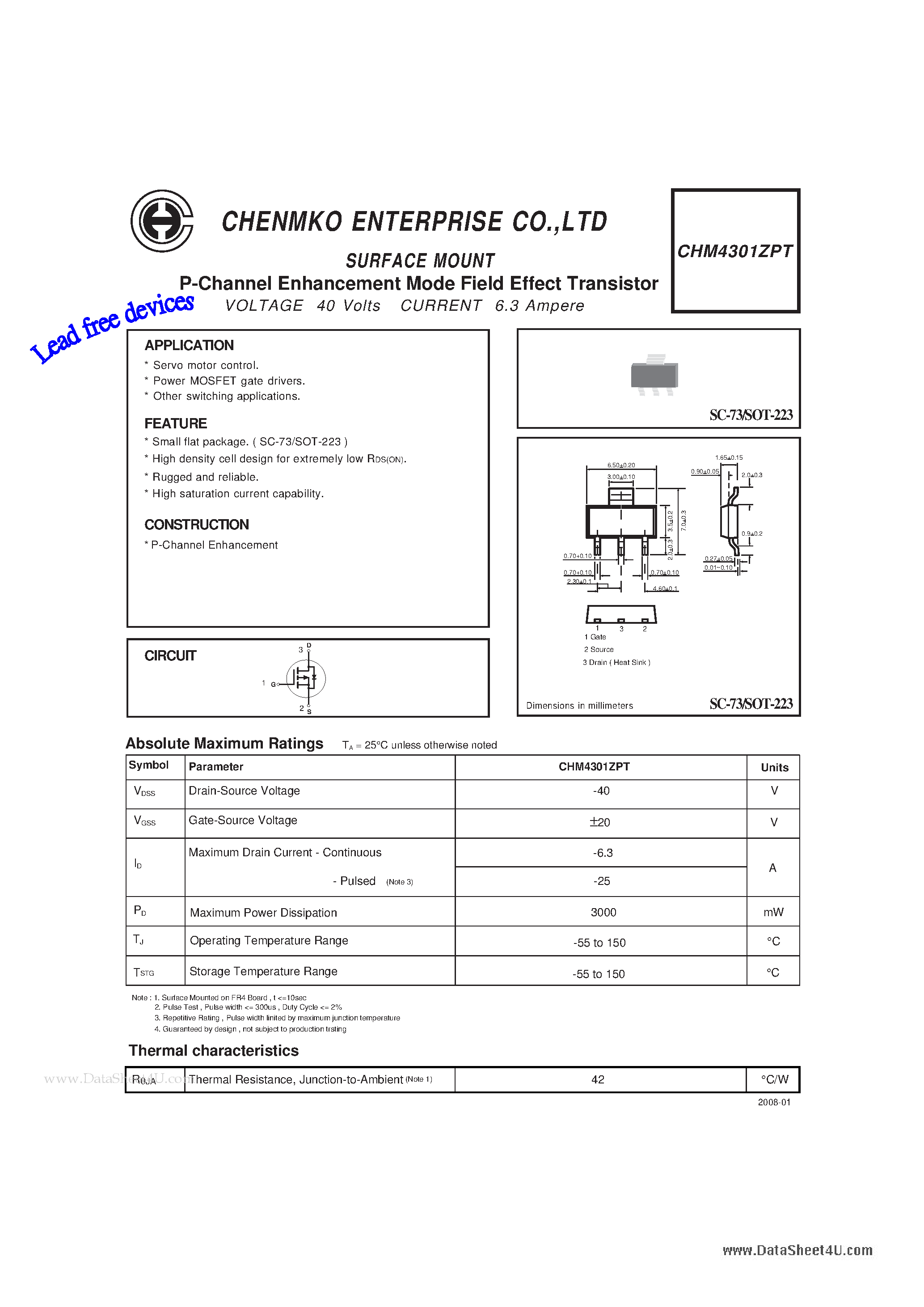 Datasheet CHM4301ZPT page 1 Datasheet CHM4301ZPT - P-Channel Enhancement Mode Field Effect Transistor page 1
