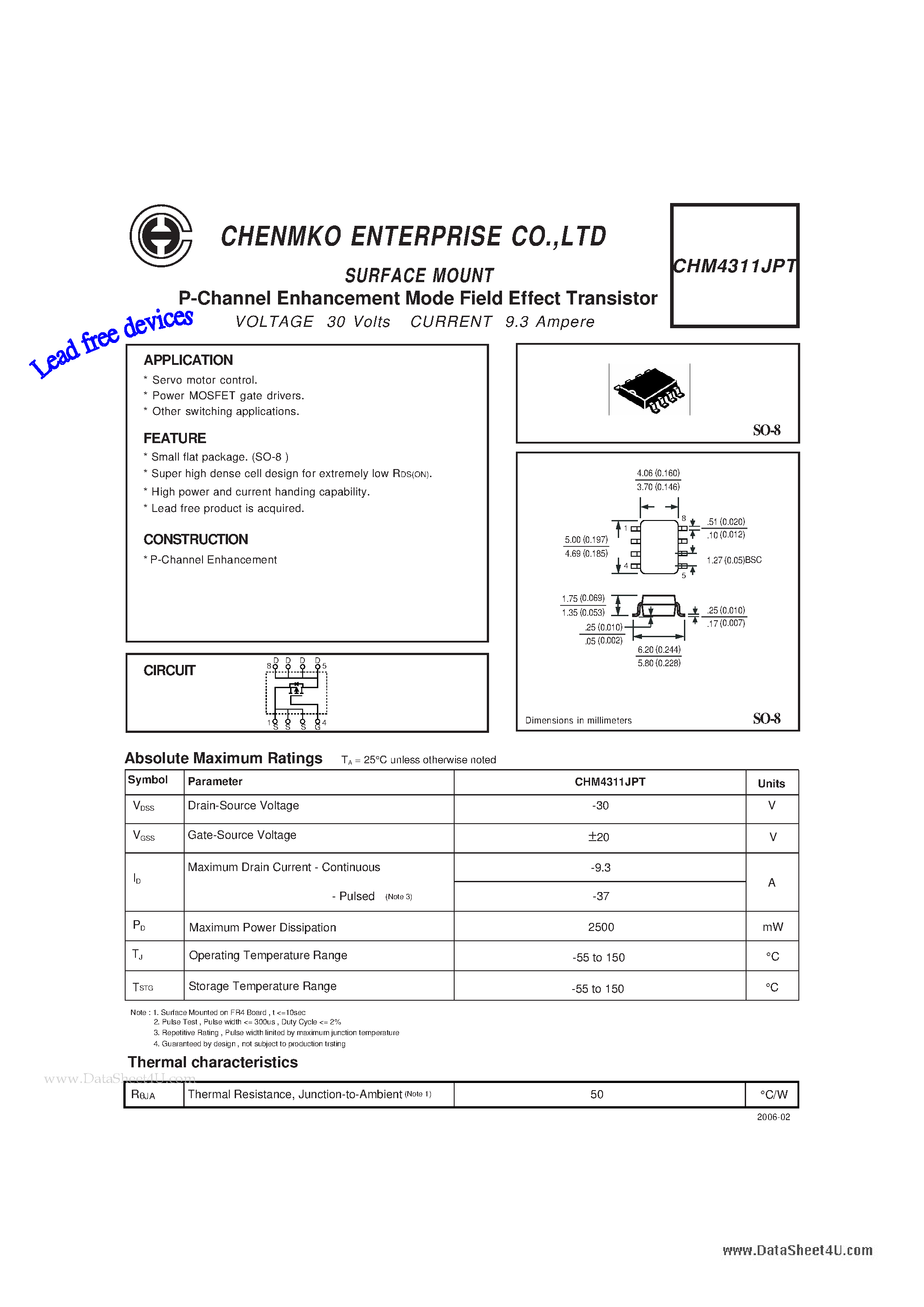 Datasheet CHM4311JPT page 1 Datasheet CHM4311JPT - P-Channel Enhancement Mode Field Effect Transistor page 1