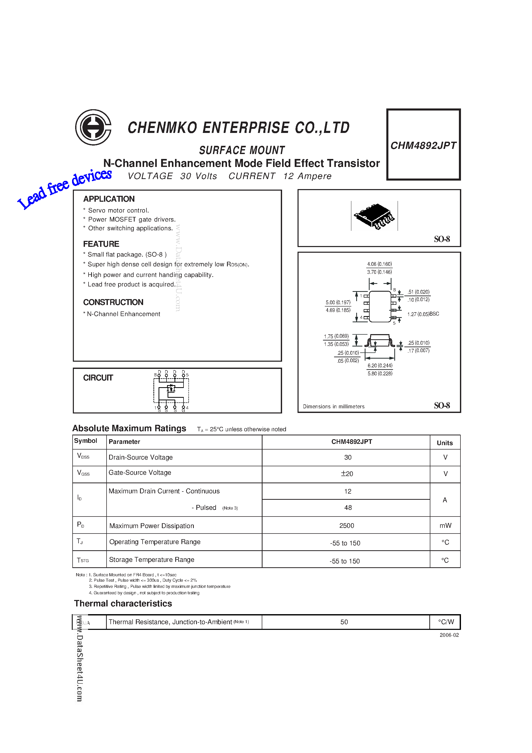 Datasheet CHM4892JPT - N-Channel Enhancement Mode Field Effect Transistor page 1