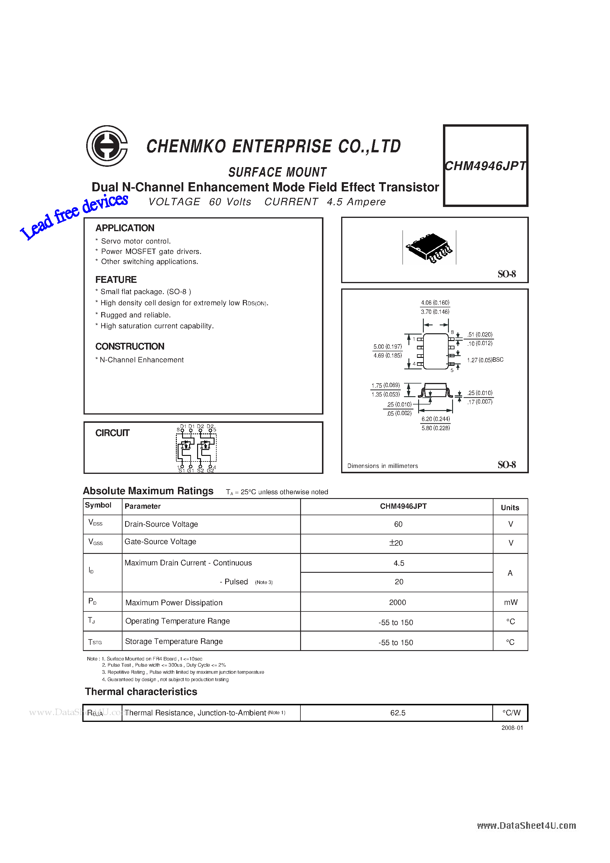 Datasheet CHM4946JPT - Dual N-Channel Enhancement Mode Field Effect Transistor page 1