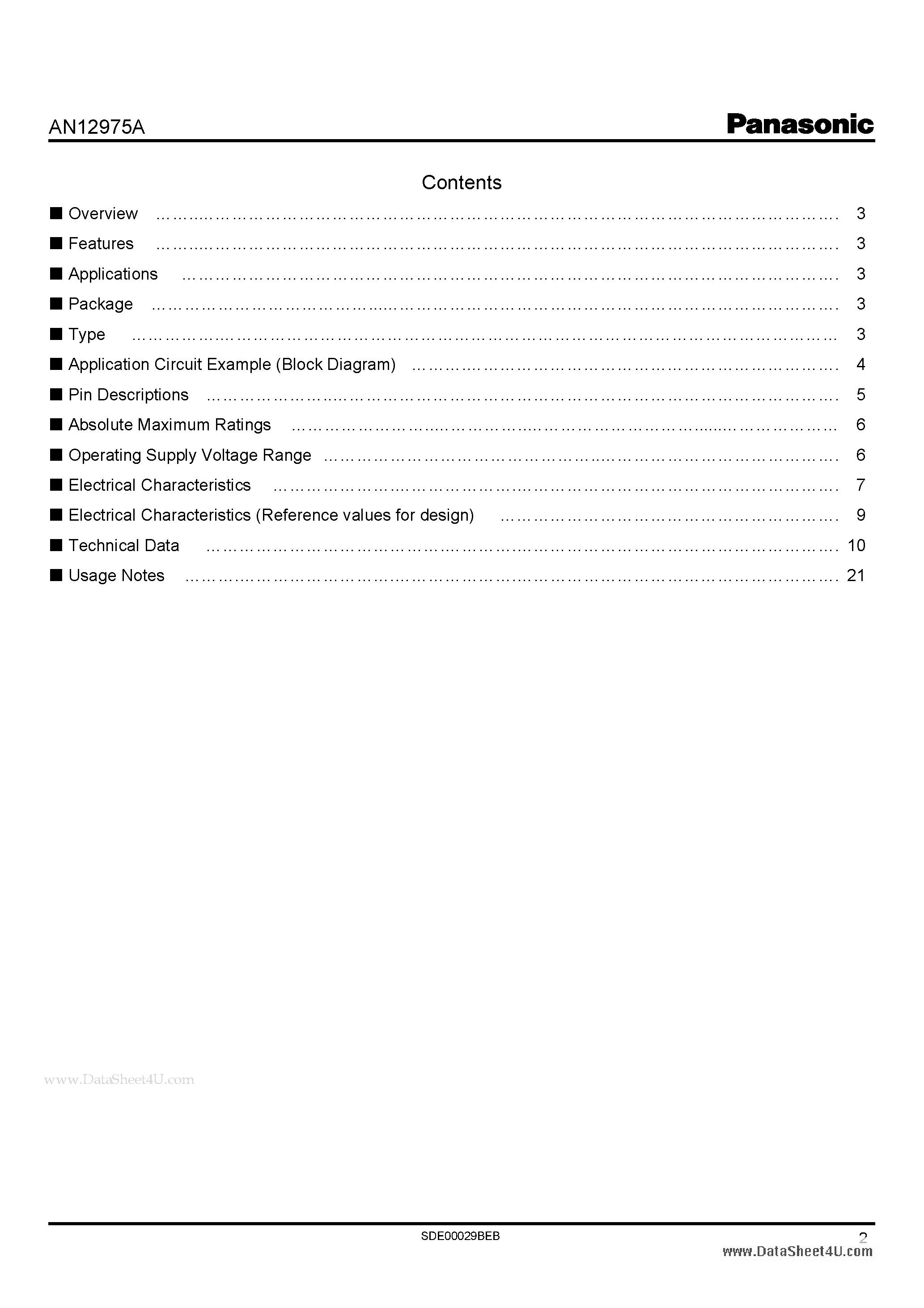 Даташит AN12975A - Stereo BTL amplifier IC страница 2
