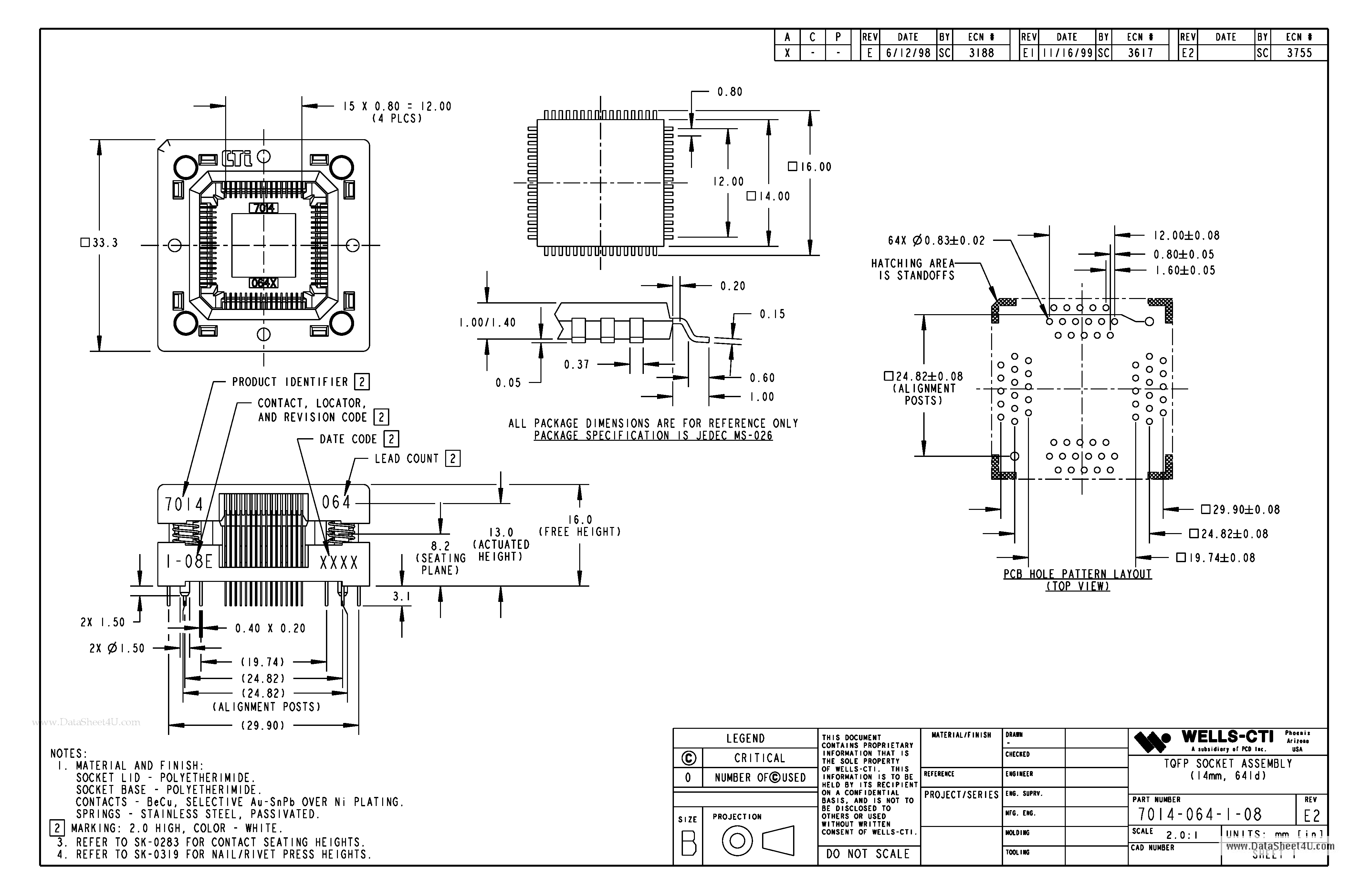 Datasheet 7014-064-1-08 page 1 Datasheet 7014-064-1-08 - TQFP Socket Assembly page 1