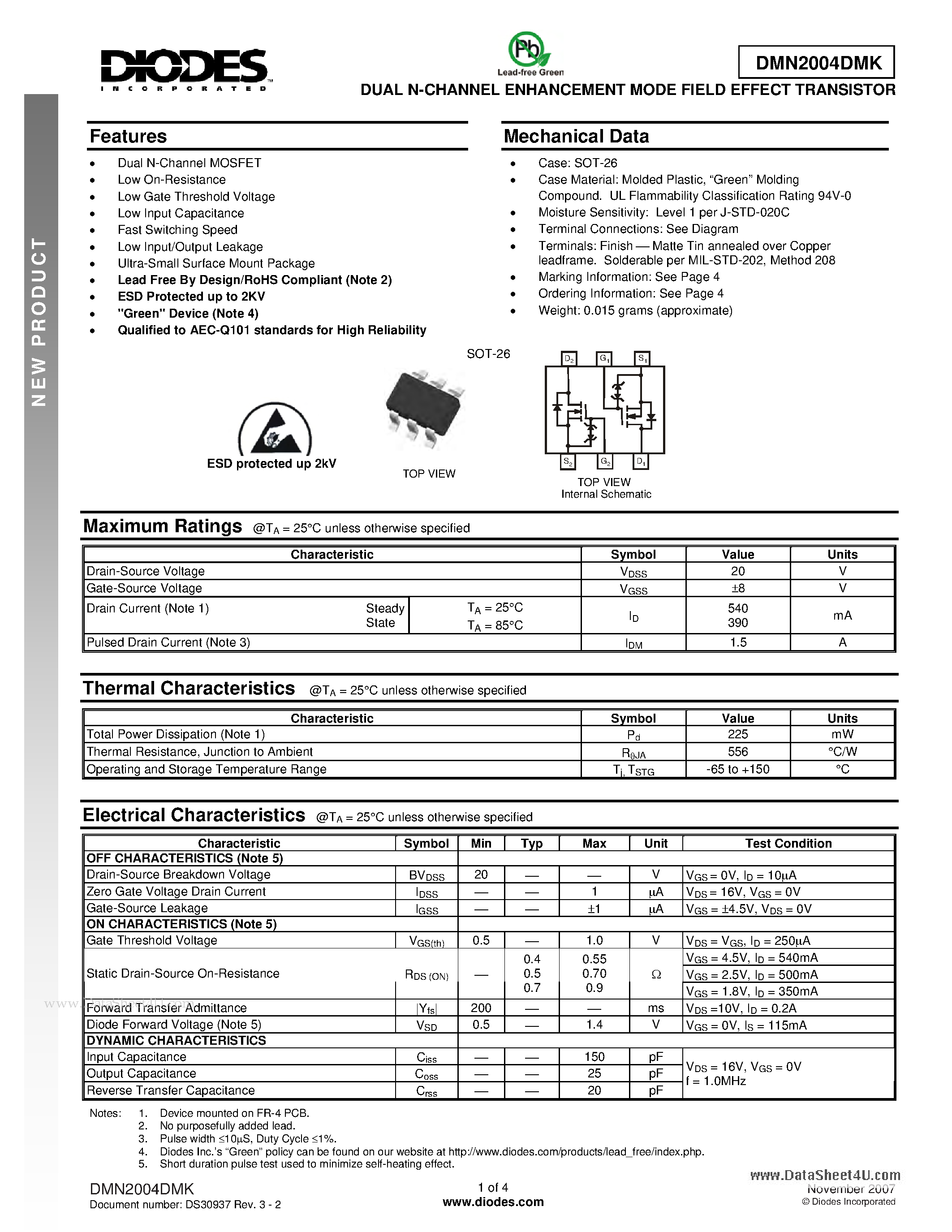 Datasheet DMN2004DMK - DUAL N-CHANNEL ENHANCEMENT MODE FIELD EFFECT TRANSISTOR page 1