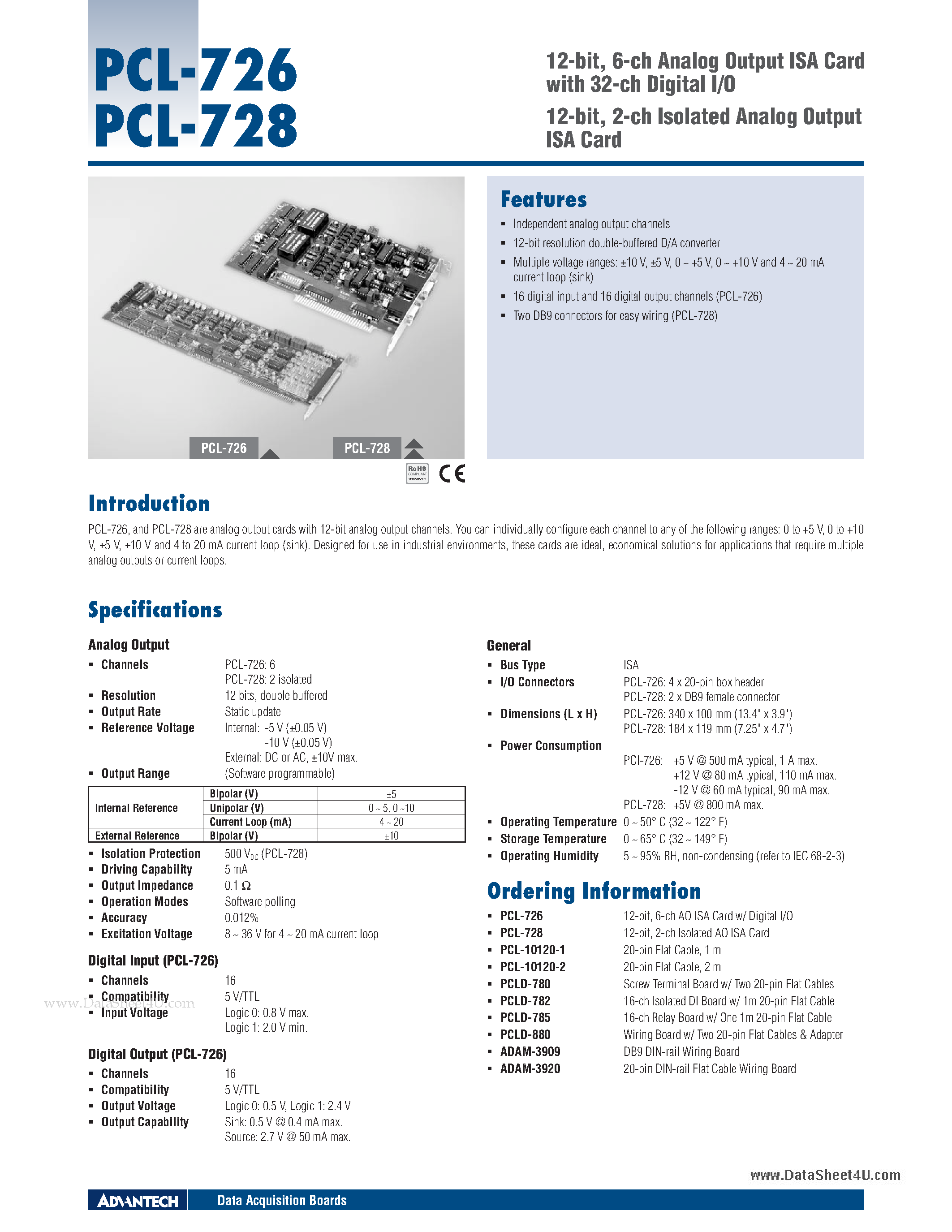 Datasheet PCL-726 - 12-bit 2-ch Isolated Analog Output ISA Card page 1