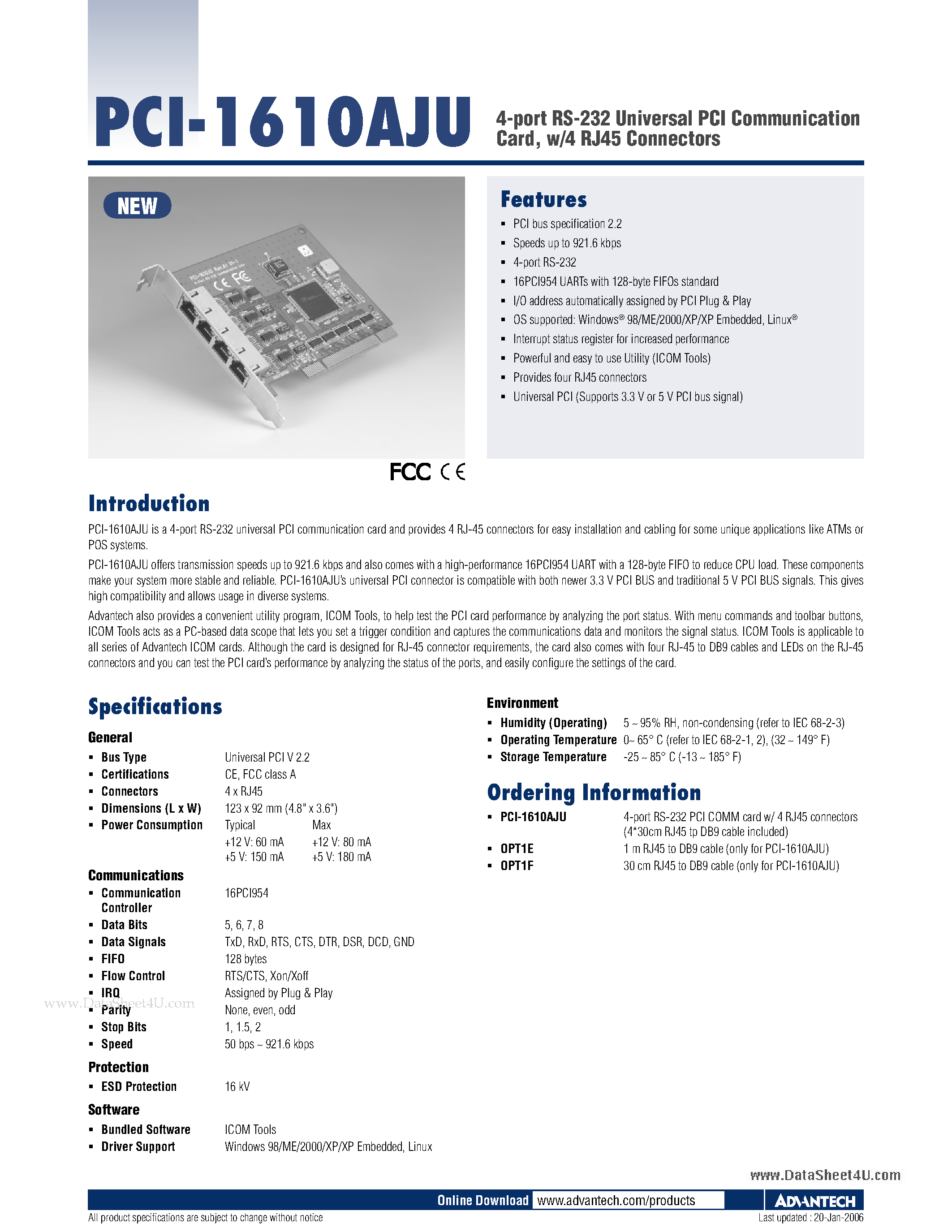 Datasheet PCI-1610AJU - 4-port RS-232 Universal PCI Communication Card w/4 RJ45 Connectors page 1