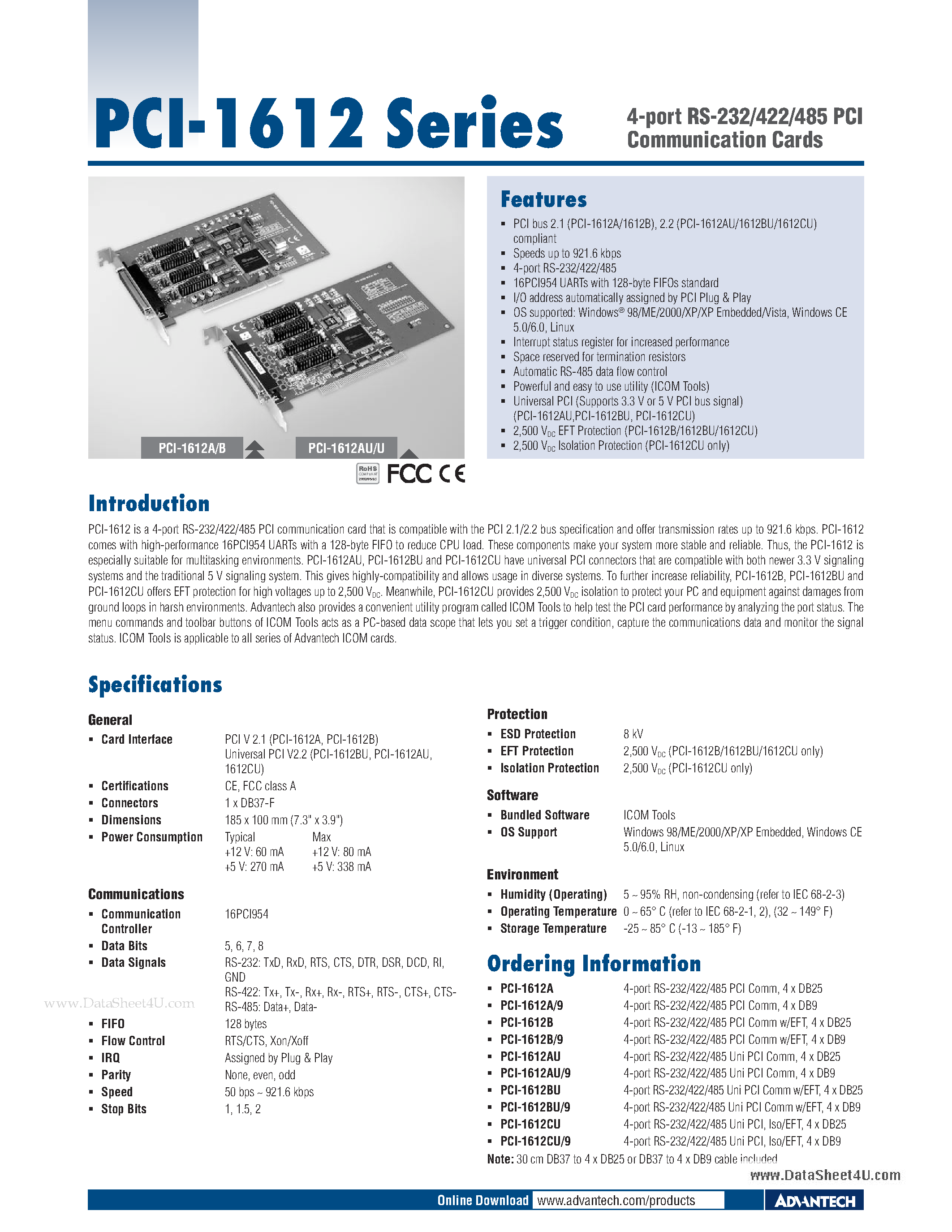Datasheet PCI-1612 - 4-port RS-232/422/485 PCI Communication Cards page 1