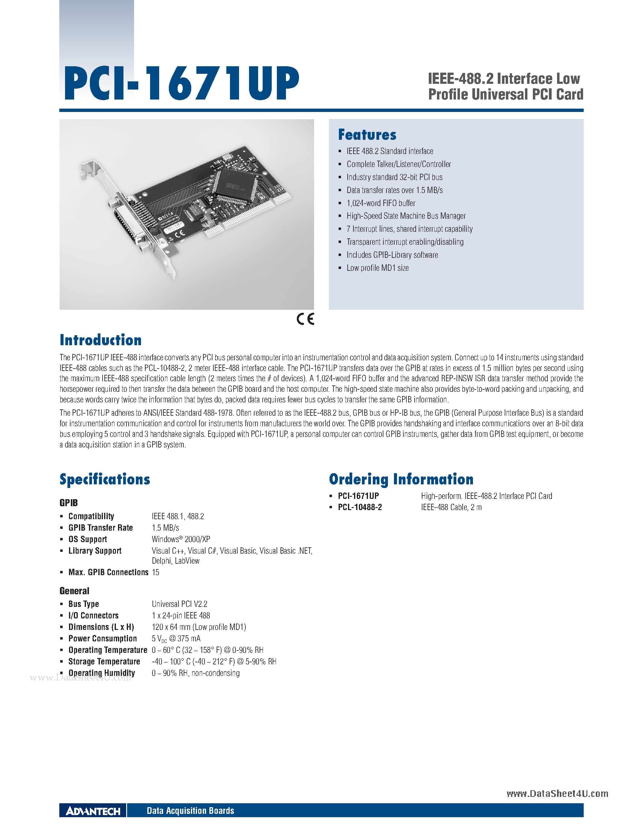 Datasheet PCI-1671UP - IEEE-488.2 Interface Low Profile Universal PCI Card page 1