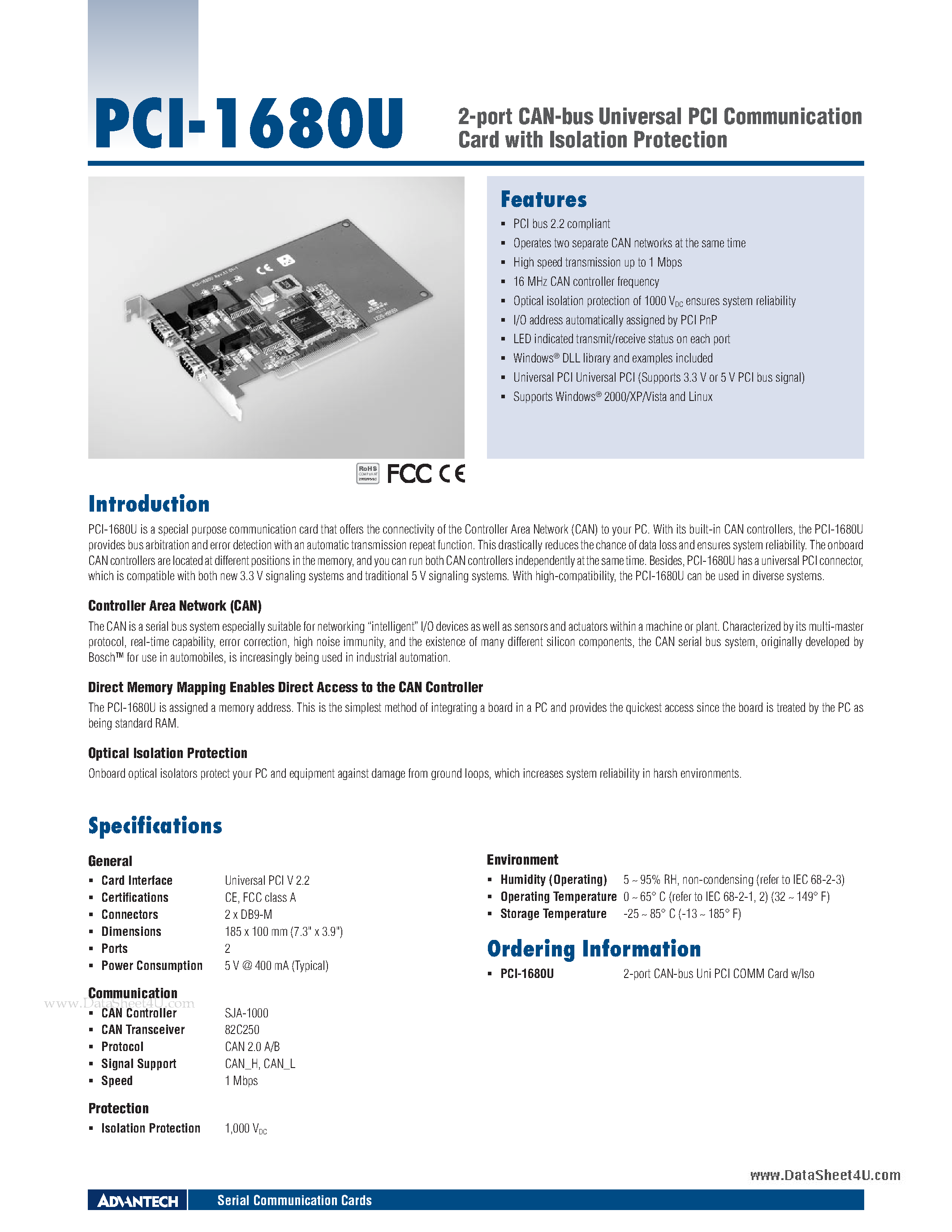 Datasheet PCI-1680U - 2-port CAN-bus Universal PCI Communication Card page 1
