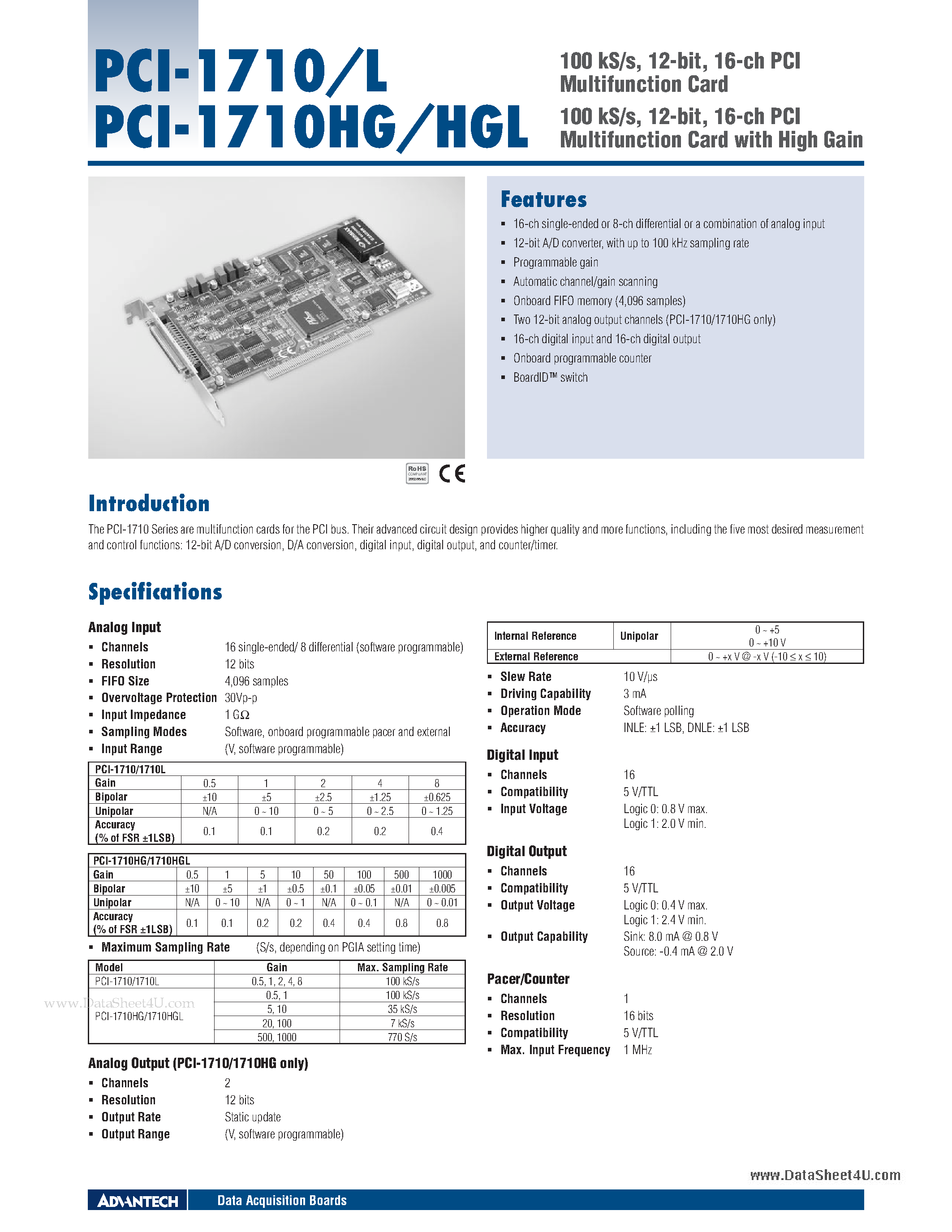 Datasheet PCI-1710 - 100 kS/s 12-bit 16-ch PCI Multifunction Card page 1