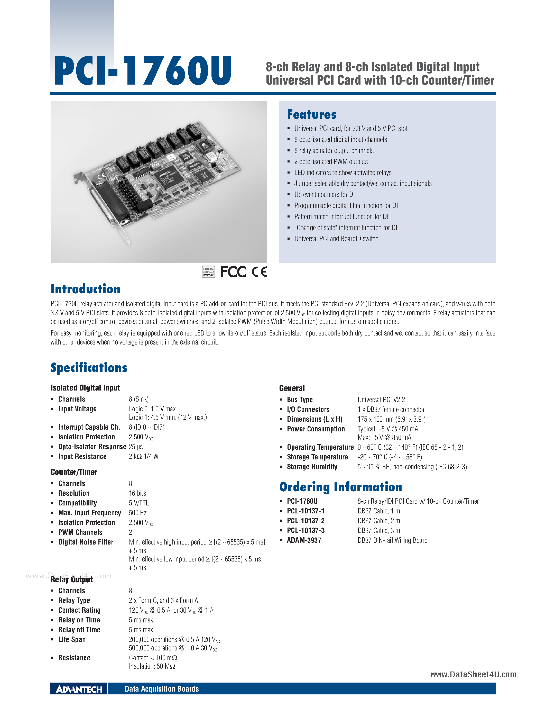 Datasheet PCI-1760U - 8-ch Relay and 8-ch Isolated Digital Input Universal PCI Card page 1