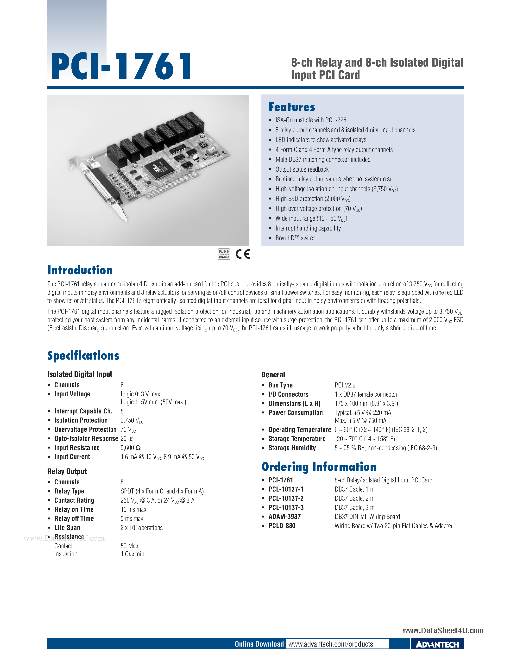 Datasheet PCI-1761 - 8-ch Relay and 8-ch Isolated Digital Input PCI Card page 1