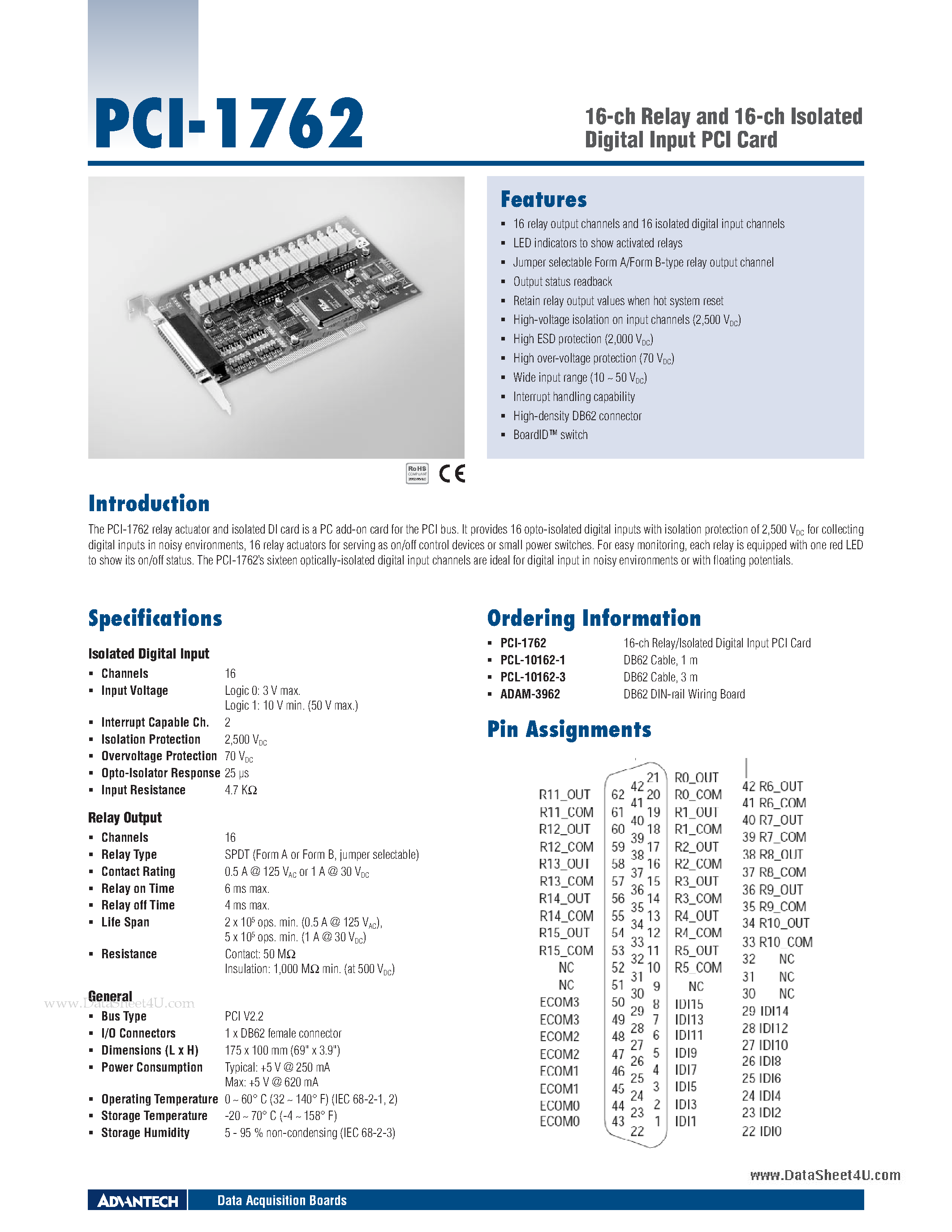 Datasheet PCI-1762 - 16-ch Relay and 16-ch Isolated Digital Input PCI Card page 1