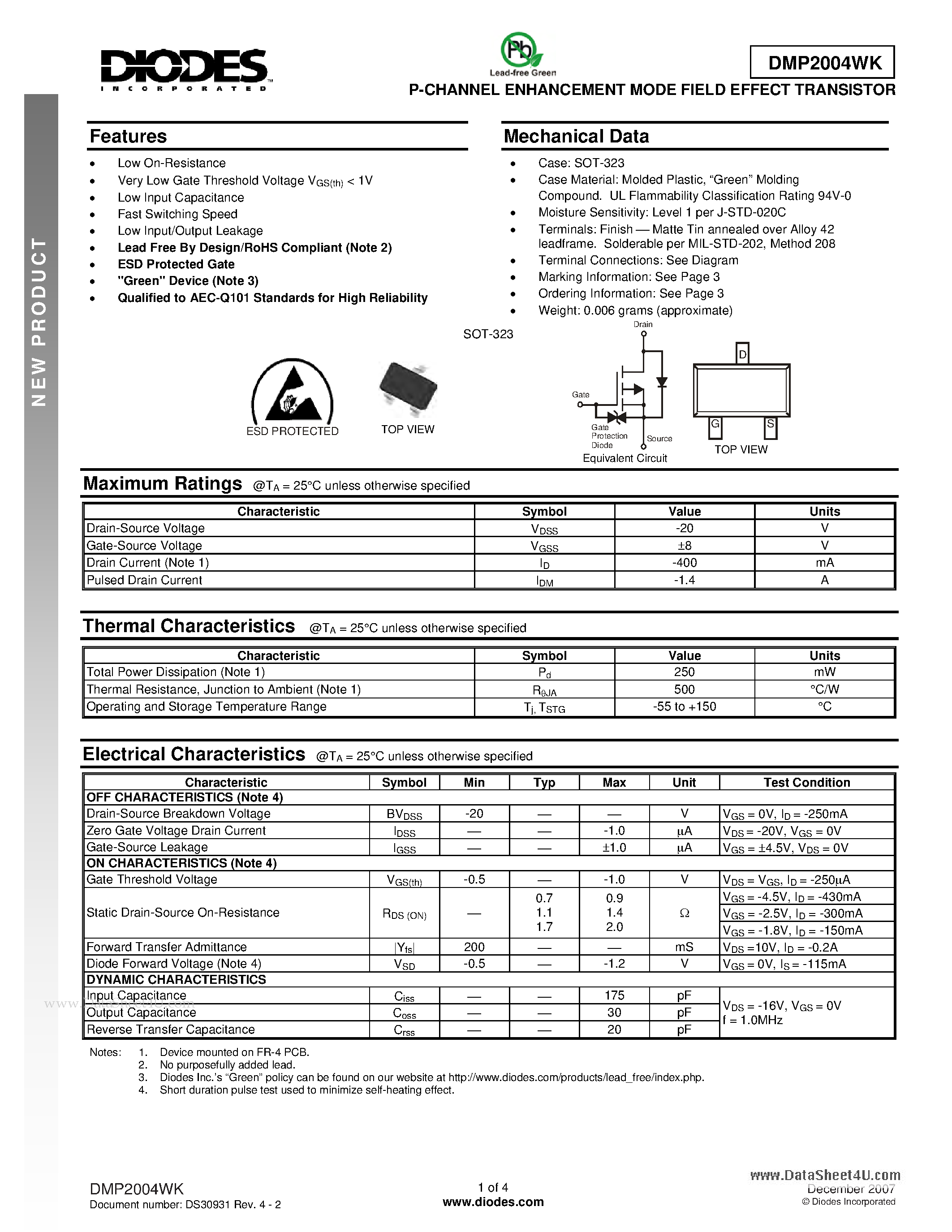 Даташит DMP2004WK - P-CHANNEL ENHANCEMENT MODE FIELD EFFECT TRANSISTOR страница 1