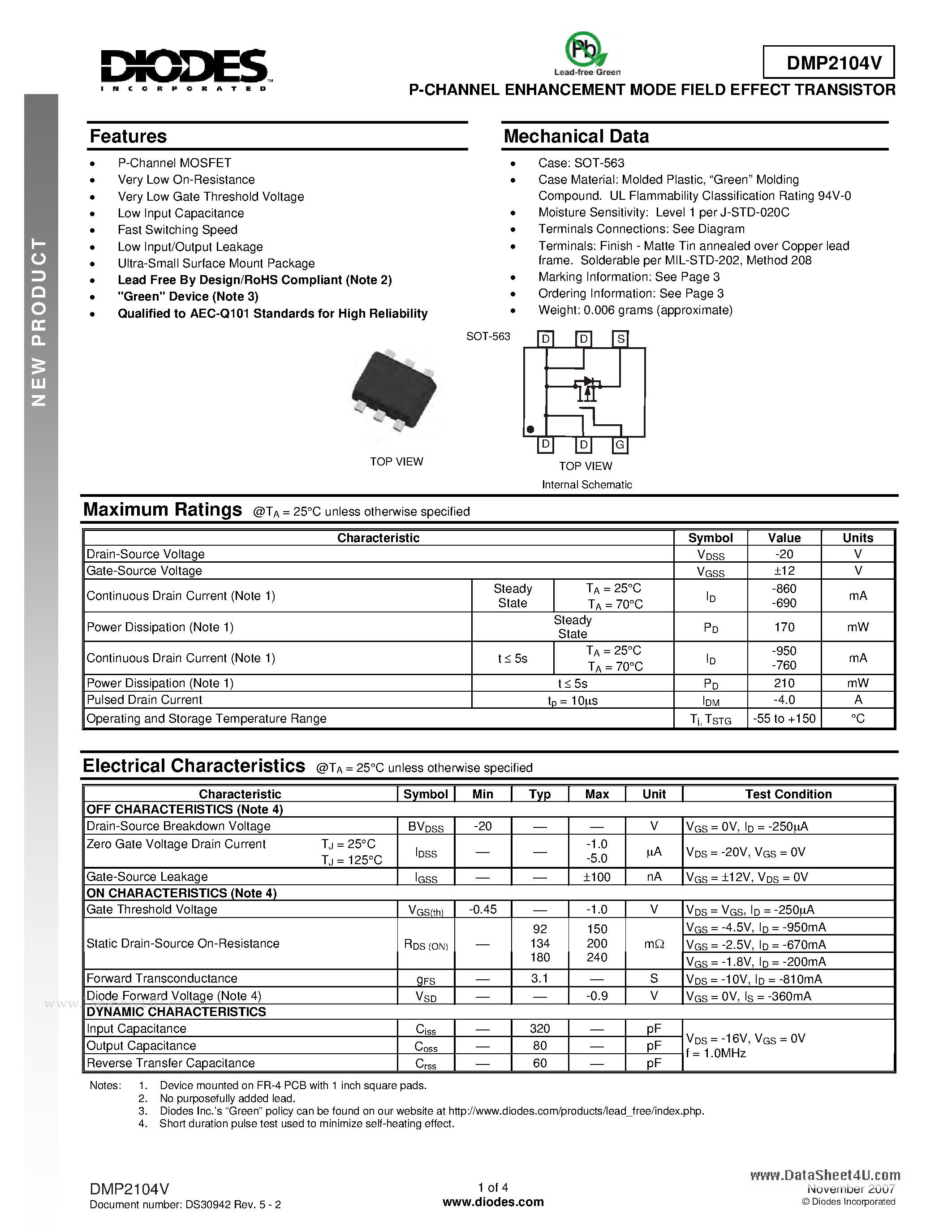 Даташит DMP2104V - P-CHANNEL ENHANCEMENT MODE FIELD EFFECT TRANSISTOR страница 1
