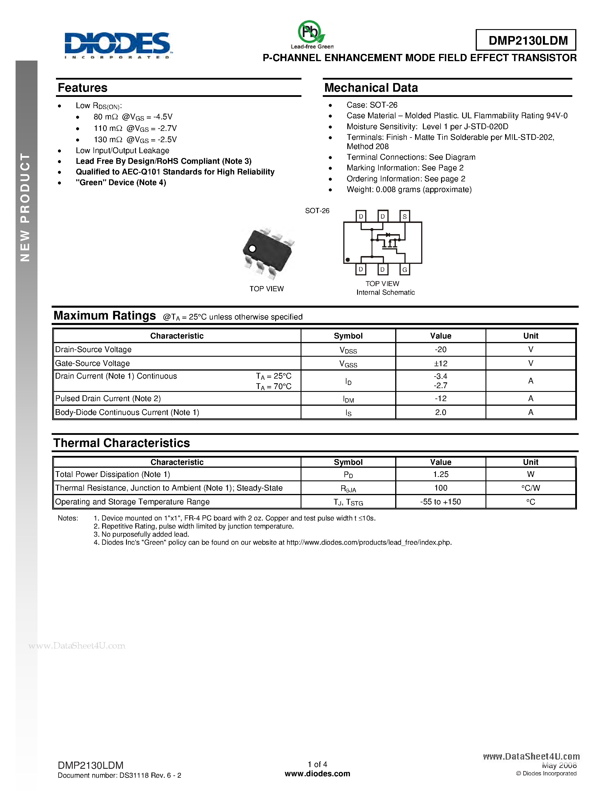 Даташит DMP2130LDM - P-CHANNEL ENHANCEMENT MODE FIELD EFFECT TRANSISTOR страница 1