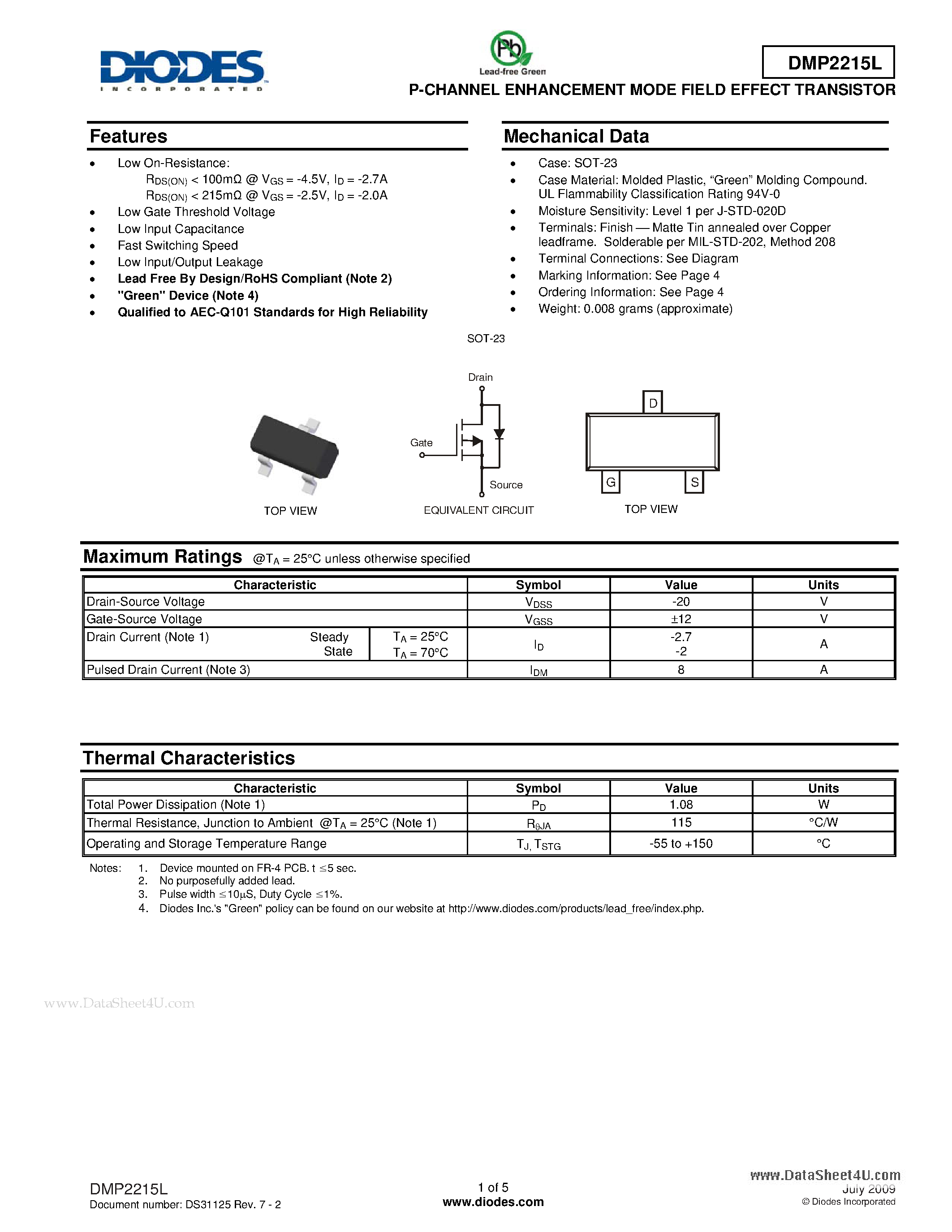 Даташит DMP2215L - P-CHANNEL ENHANCEMENT MODE FIELD EFFECT TRANSISTOR страница 1