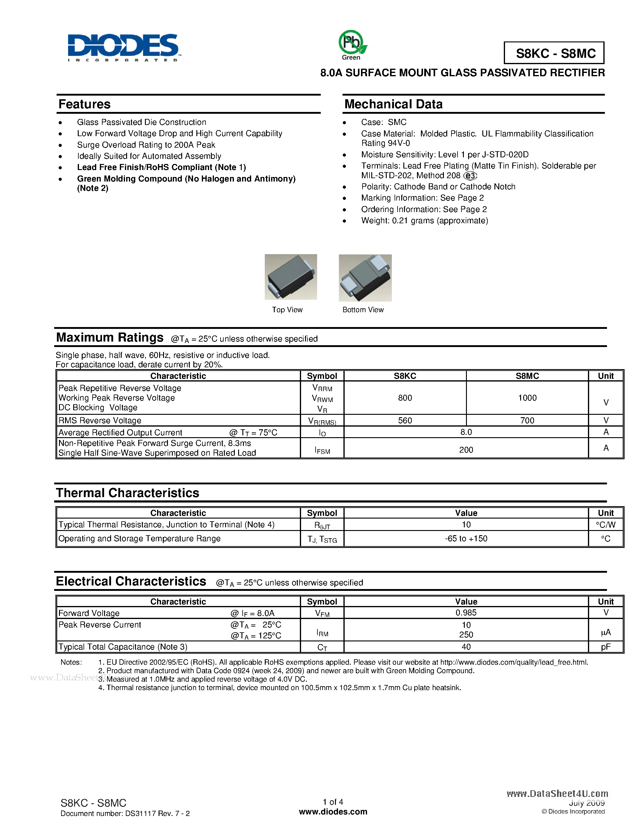 Datasheet S8MC page 1 Datasheet S8MC - 8.0A SURFACE MOUNT GLASS PASSIVATED RECTIFIER page 1