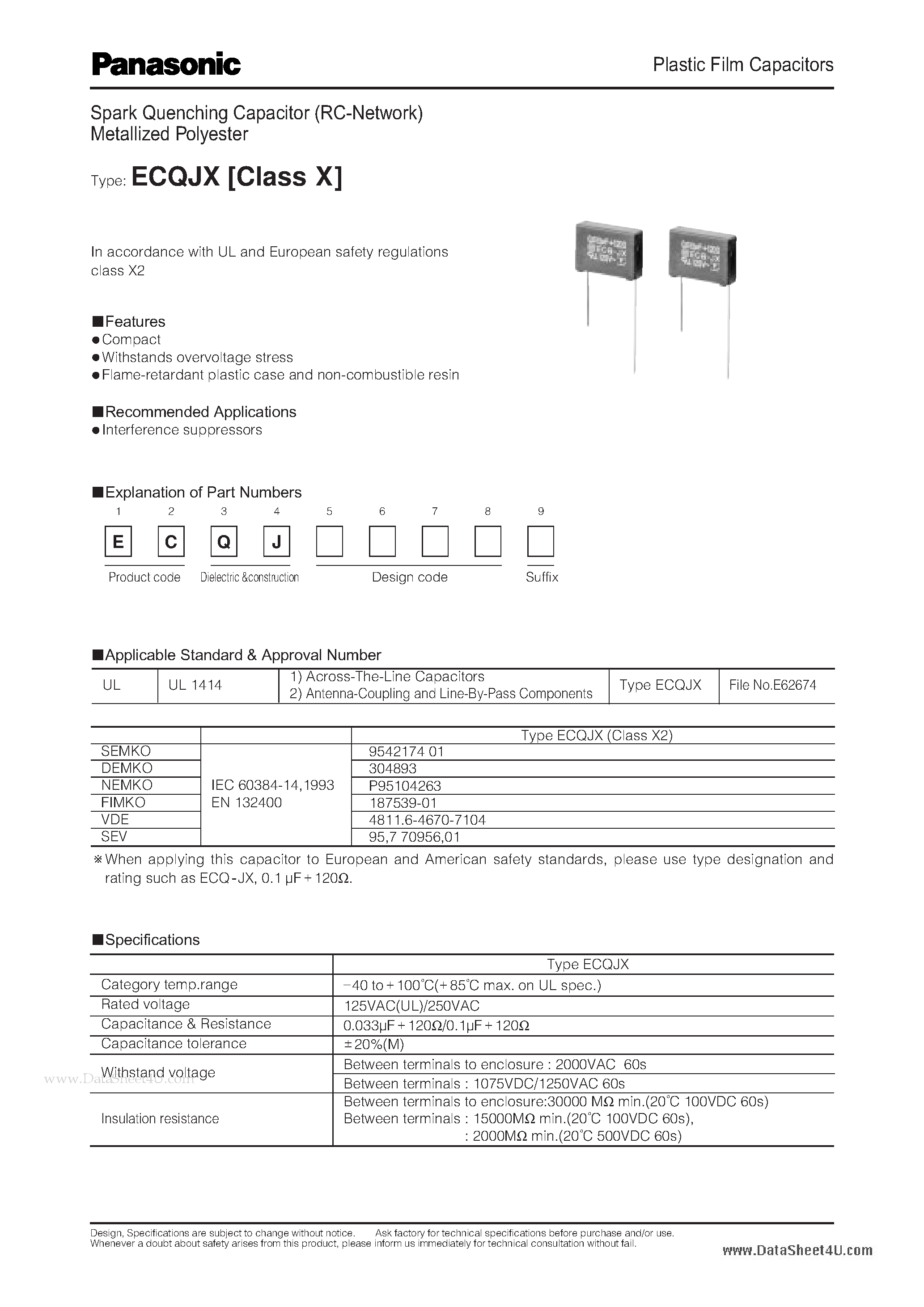 Datasheet ECQJX page 1 Datasheet ECQJX - Spark Quenching Capacitor (RC-Network) page 1