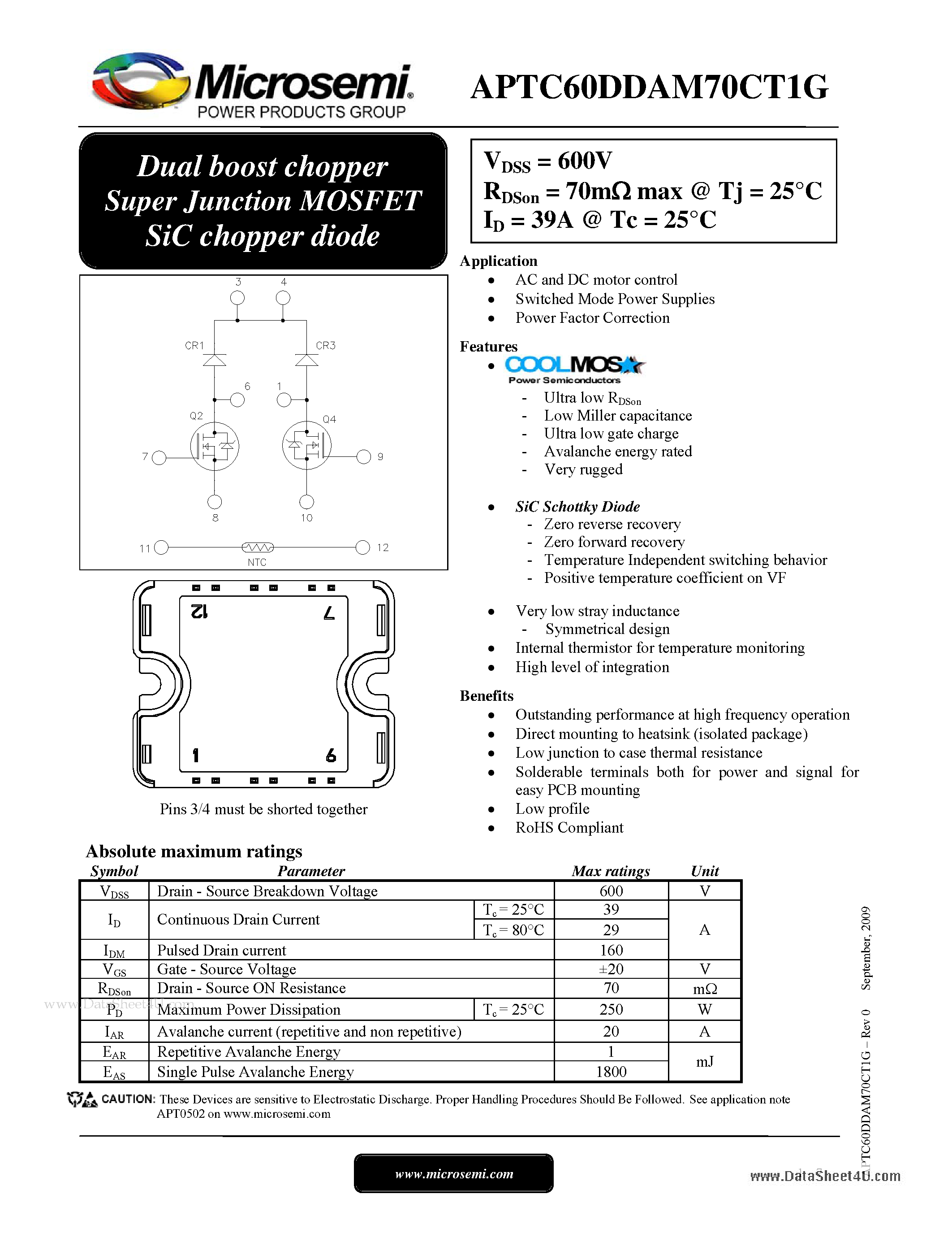 Datasheet APTC60DDAM70CT1G page 1 Datasheet APTC60DDAM70CT1G - Dual boost chopper Super Junction MOSFET SiC chopper diode page 1