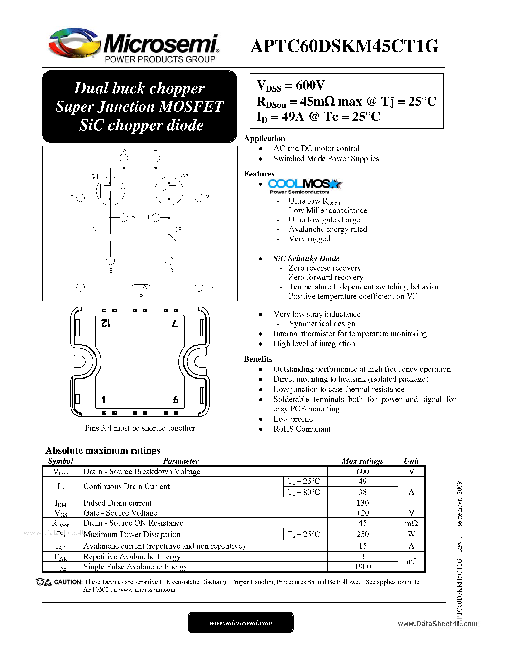Datasheet APTC60DSKM45CT1G - Dual buck chopper Super Junction MOSFET SiC chopper diode page 1